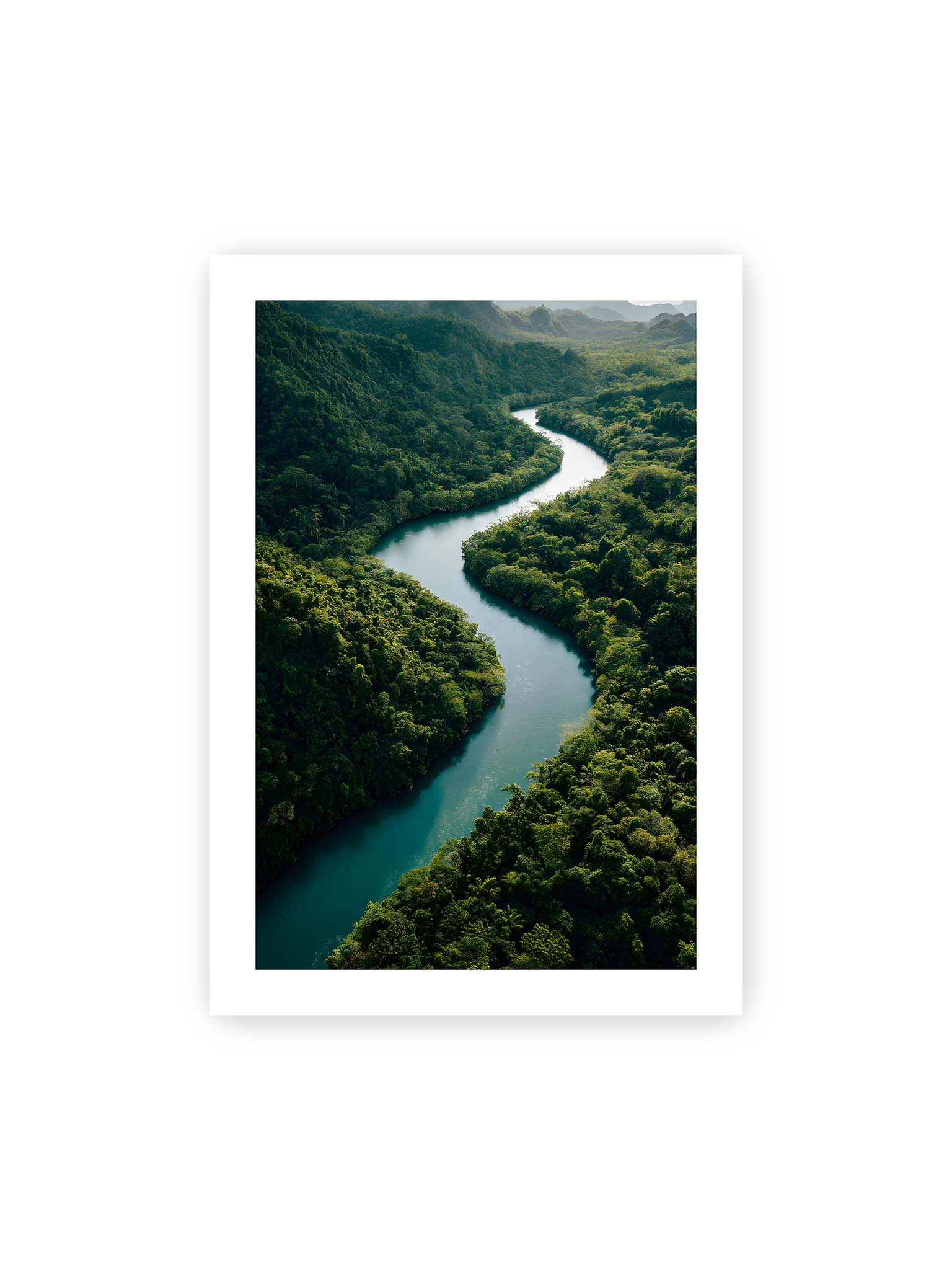 70x100 cm, weißer Galerie-Rand – Ein Fluss, umgeben von üppigem, grünem Dschungel, reflektiert das sanfte Licht des Tages.
