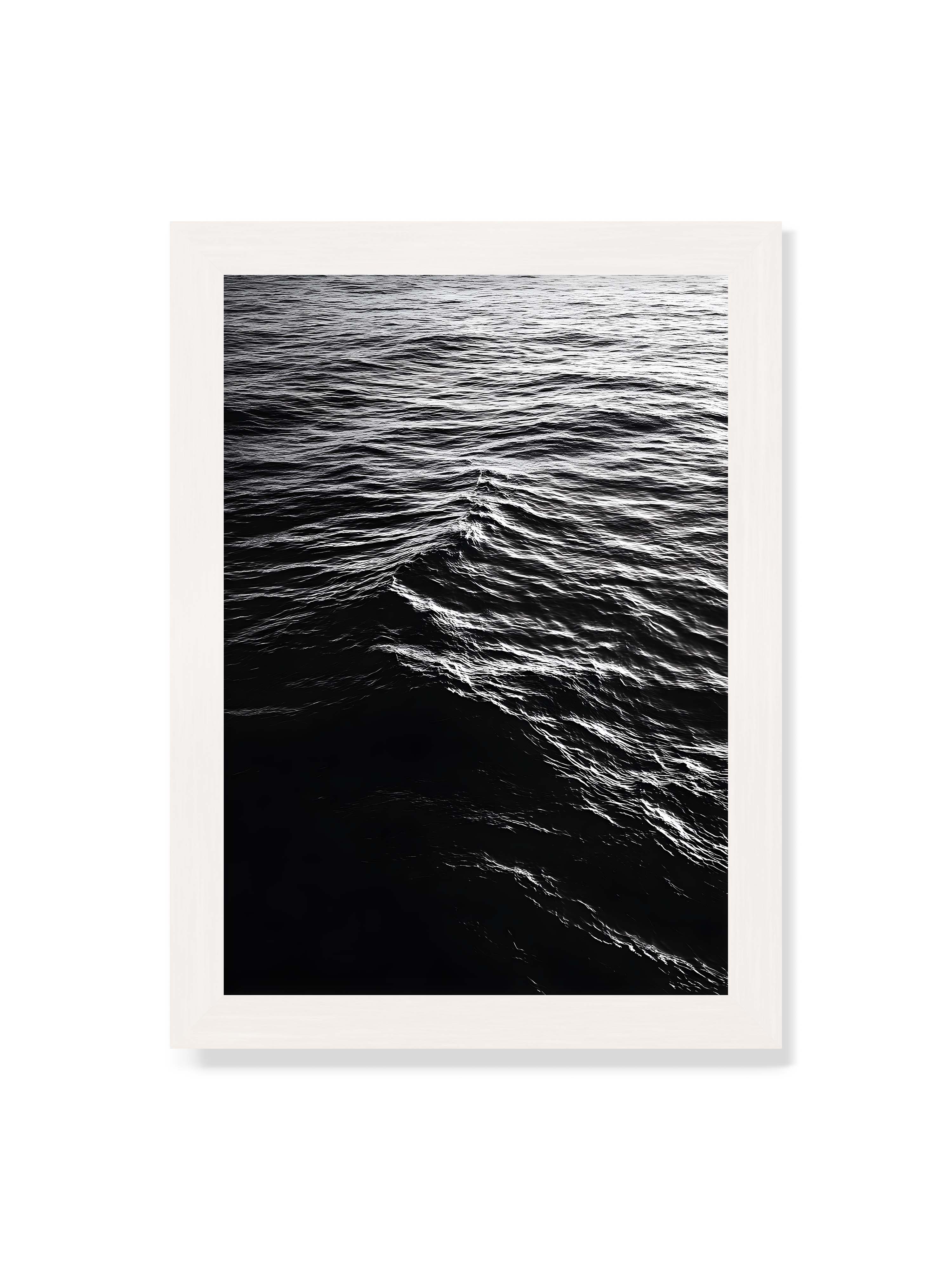 21x30 cm ohne Galerie-Rand mit weißem Rahmen – Abstrakte Darstellung der dunklen Ozeanwellen in Schwarzweiß.