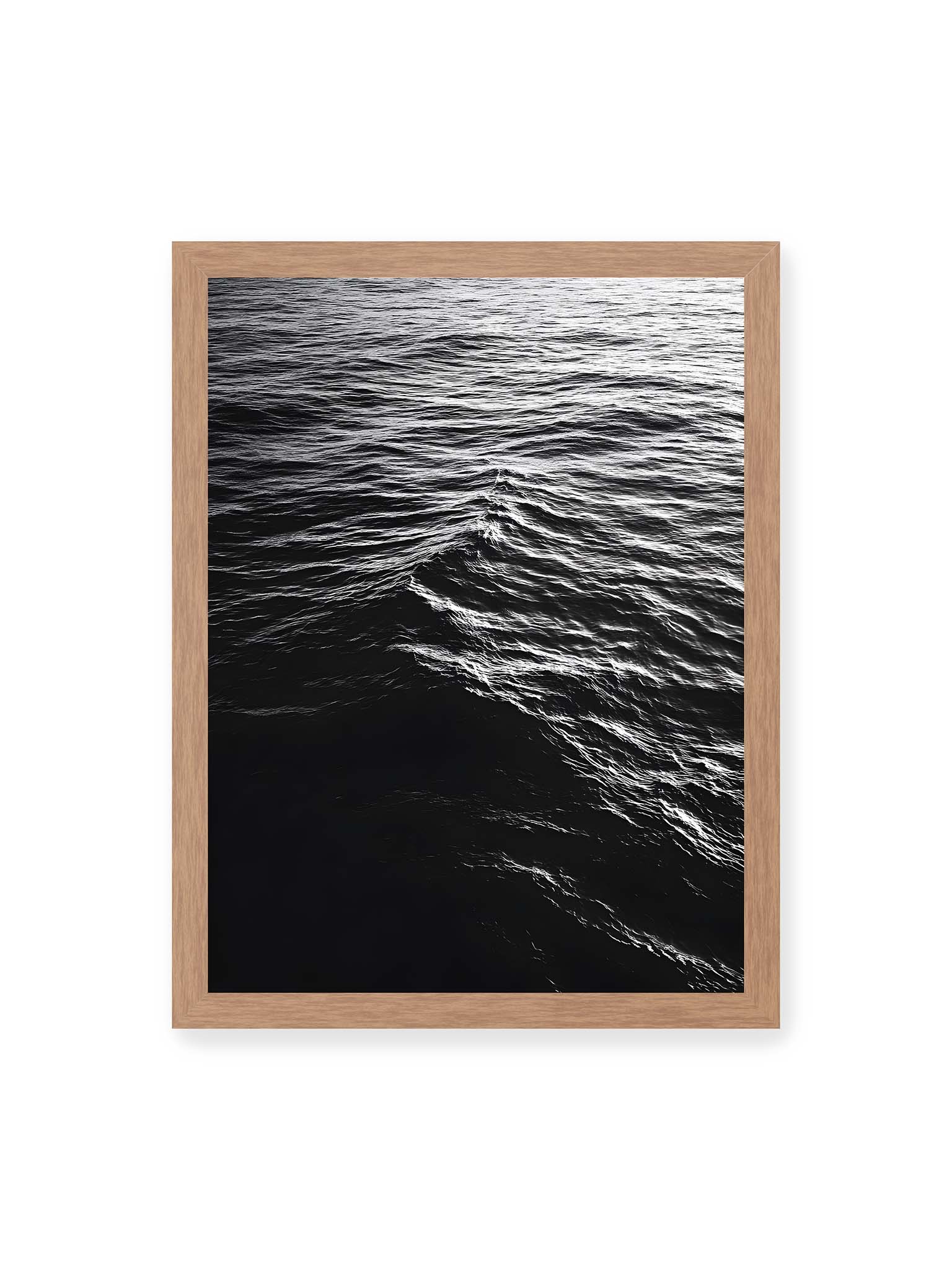 30x40 cm, Eichenrahmen – Abstrakte Darstellung der dunklen Ozeanwellen in Schwarzweiß.