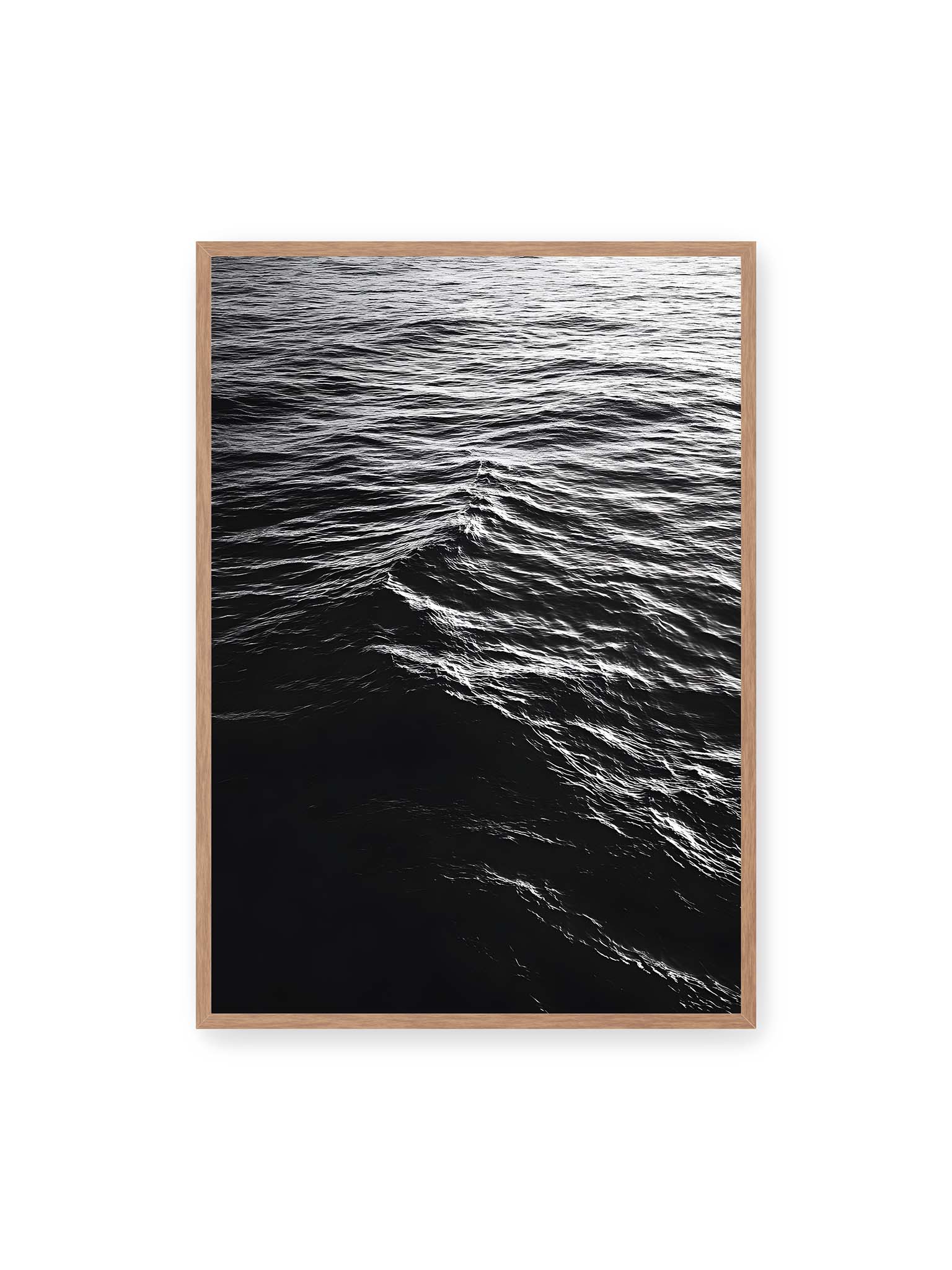 70x100 cm, Eichenrahmen – Abstrakte Darstellung der dunklen Ozeanwellen in Schwarzweiß.