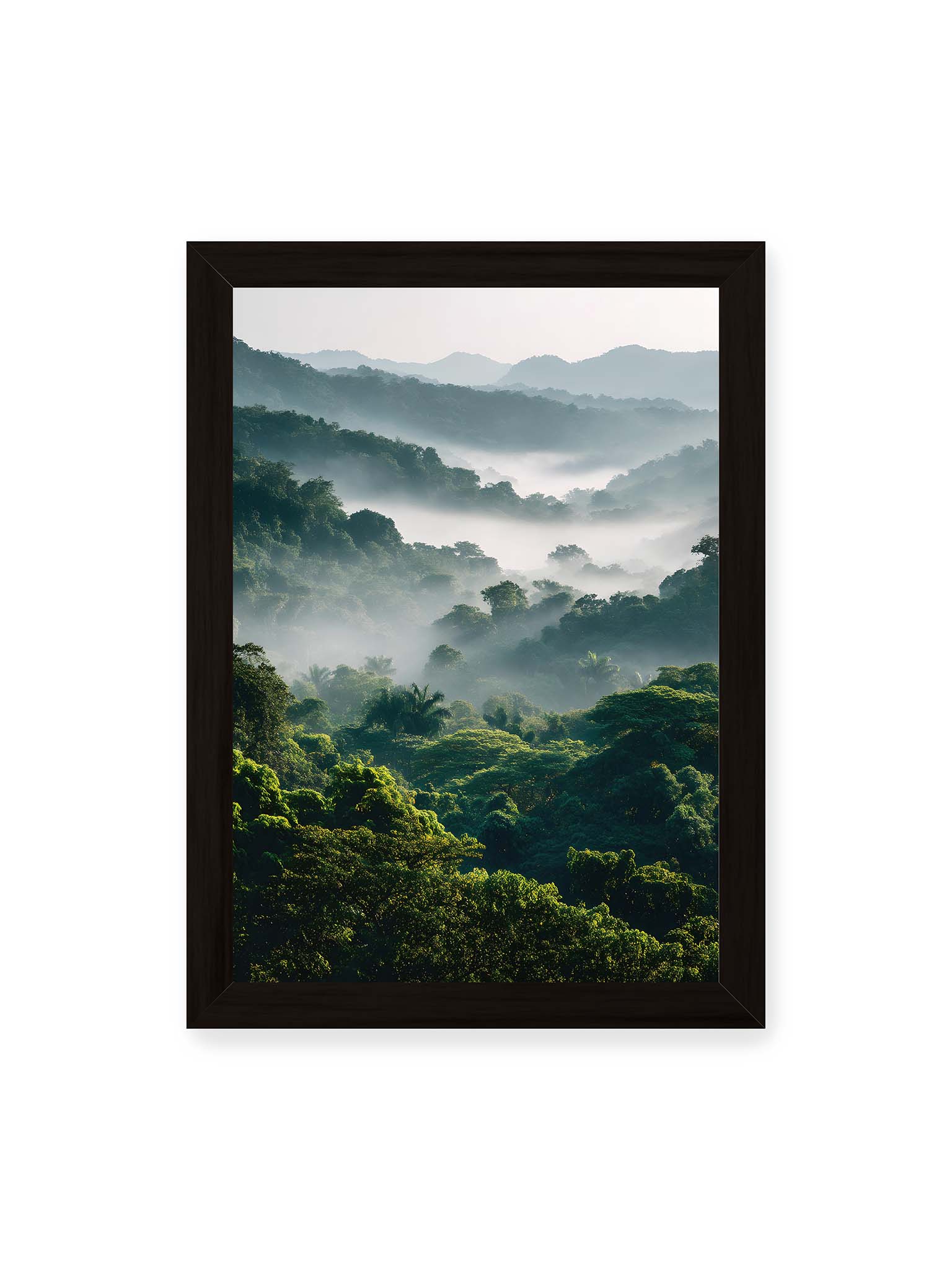 21x30 cm, schwarzer Rahmen – Tropischer Wald mit grünem Laub, von Nebel umhüllt und von sanftem Licht erleuchtet.