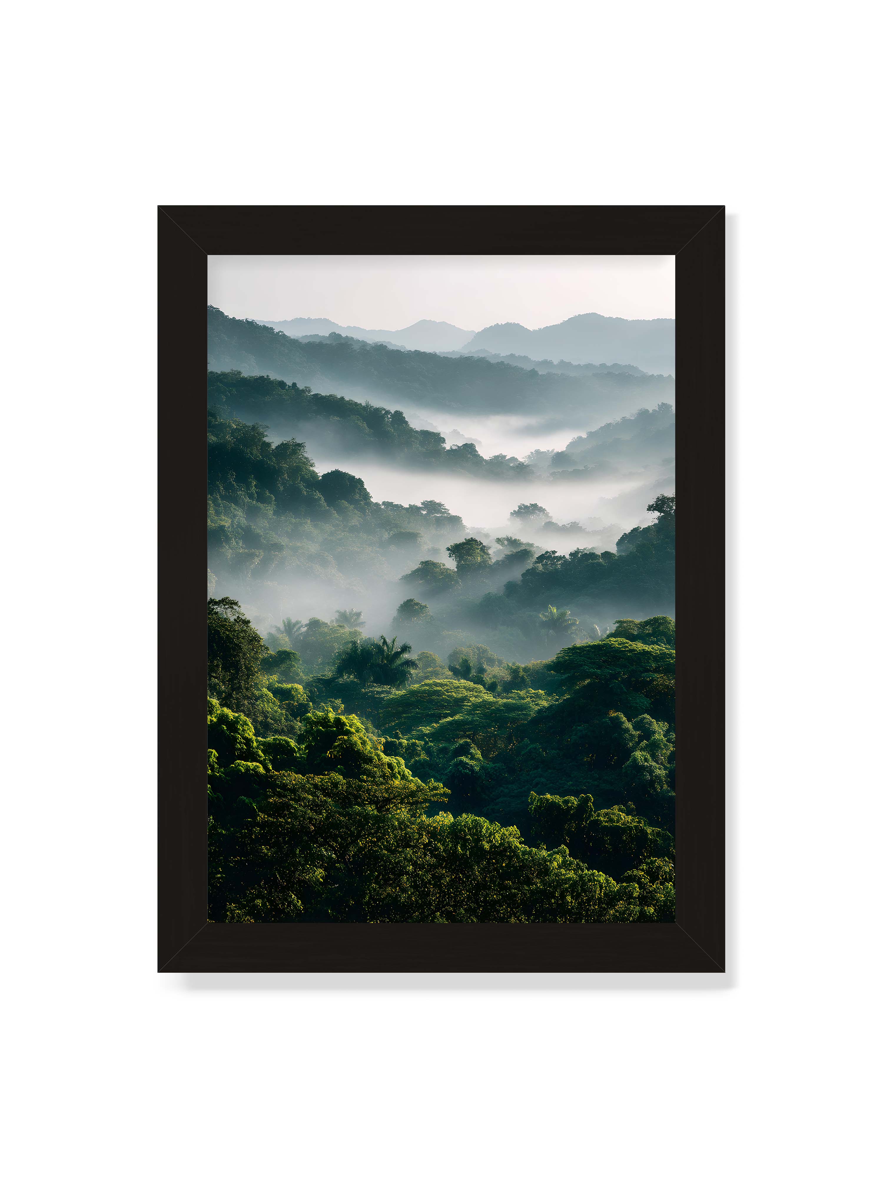 21x30 cm ohne Galerie-Rand mit schwarzem Rahmen – Tropischer Wald mit grünem Laub, von Nebel umhüllt und von sanftem Licht erleuchtet.