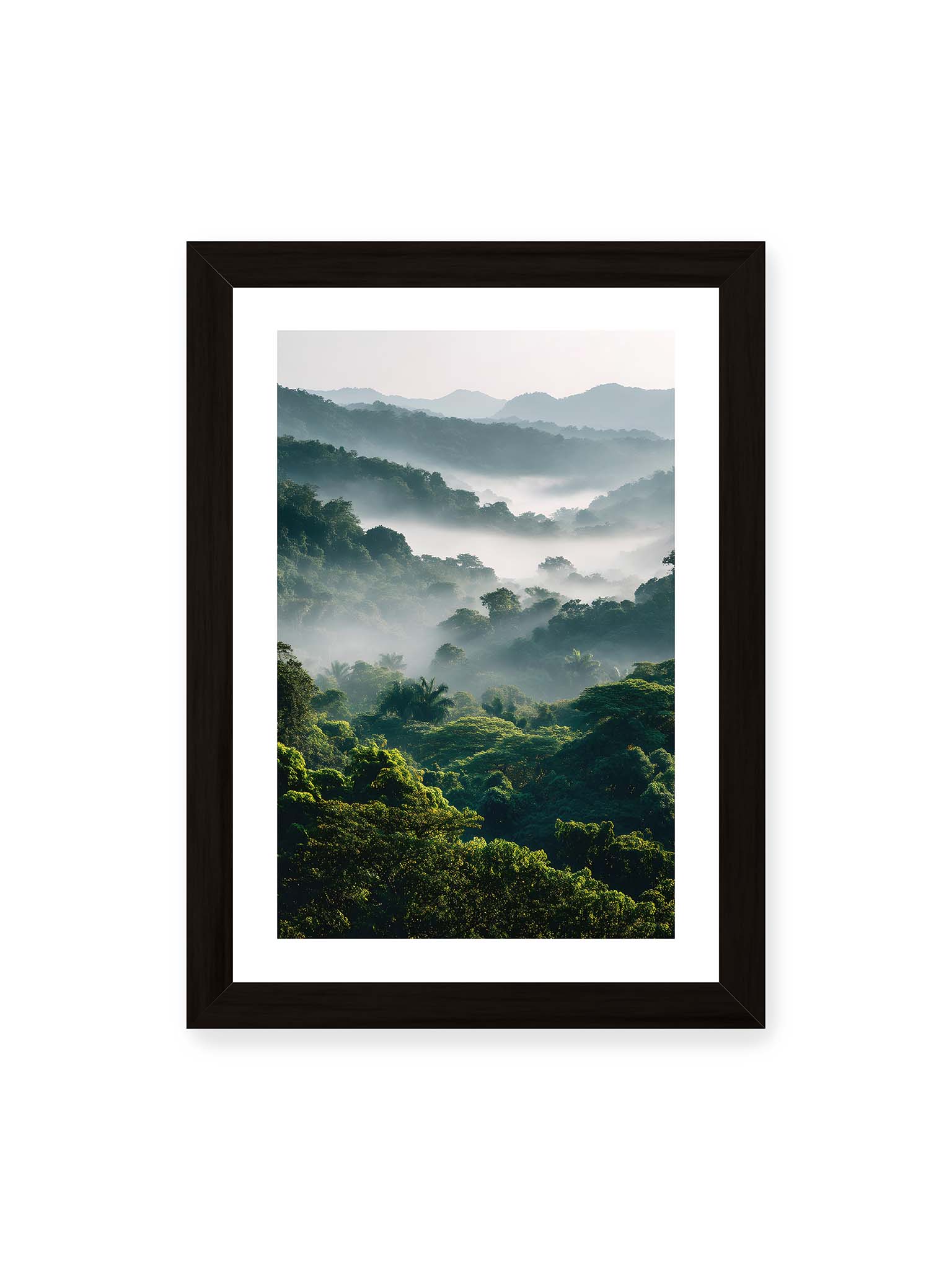 21x30 cm, weißer Galerie-Rand, schwarzer Rahmen – Tropischer Wald mit grünem Laub, von Nebel umhüllt und von sanftem Licht erleuchtet.