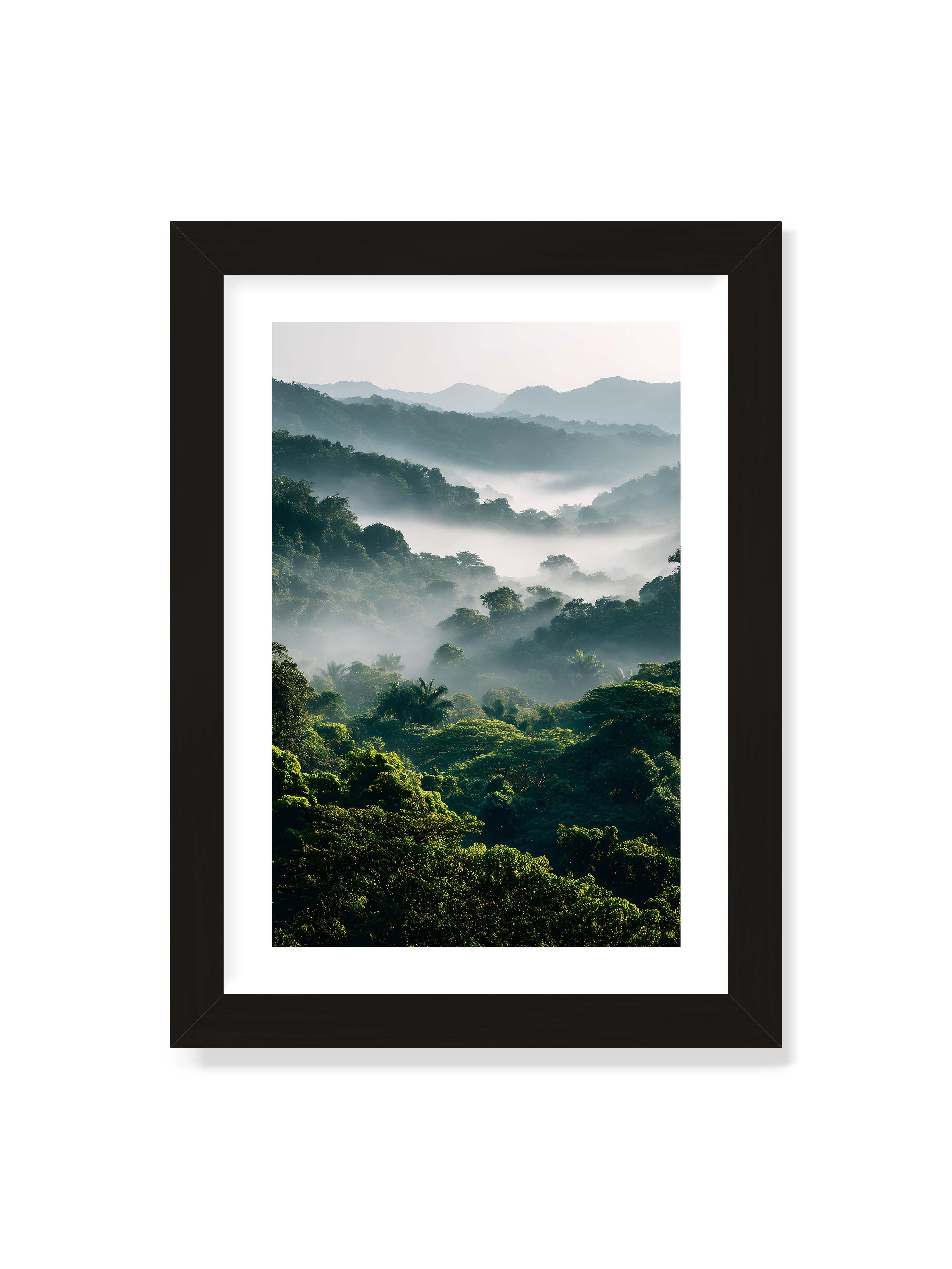 21x30 cm mit weißem Galerie-Rand mit schwarzem Rahmen – Tropischer Wald mit grünem Laub, von Nebel umhüllt und von sanftem Licht erleuchtet.
