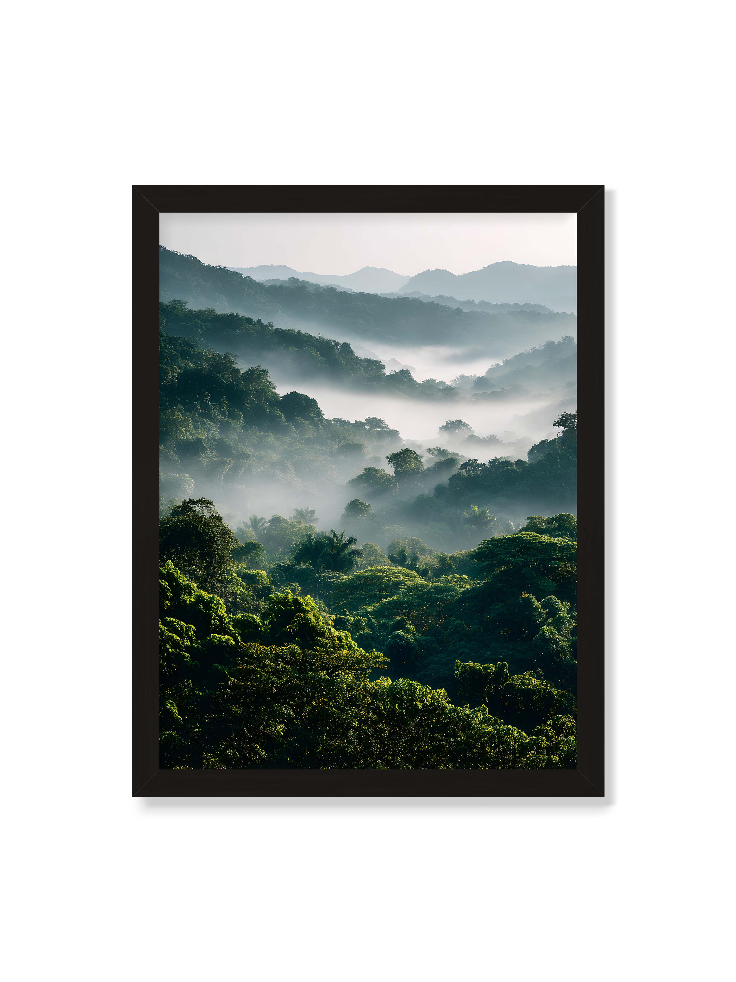 30x40 cm ohne Galerie-Rand mit schwarzem Rahmen – Tropischer Wald mit grünem Laub, von Nebel umhüllt und von sanftem Licht erleuchtet.
