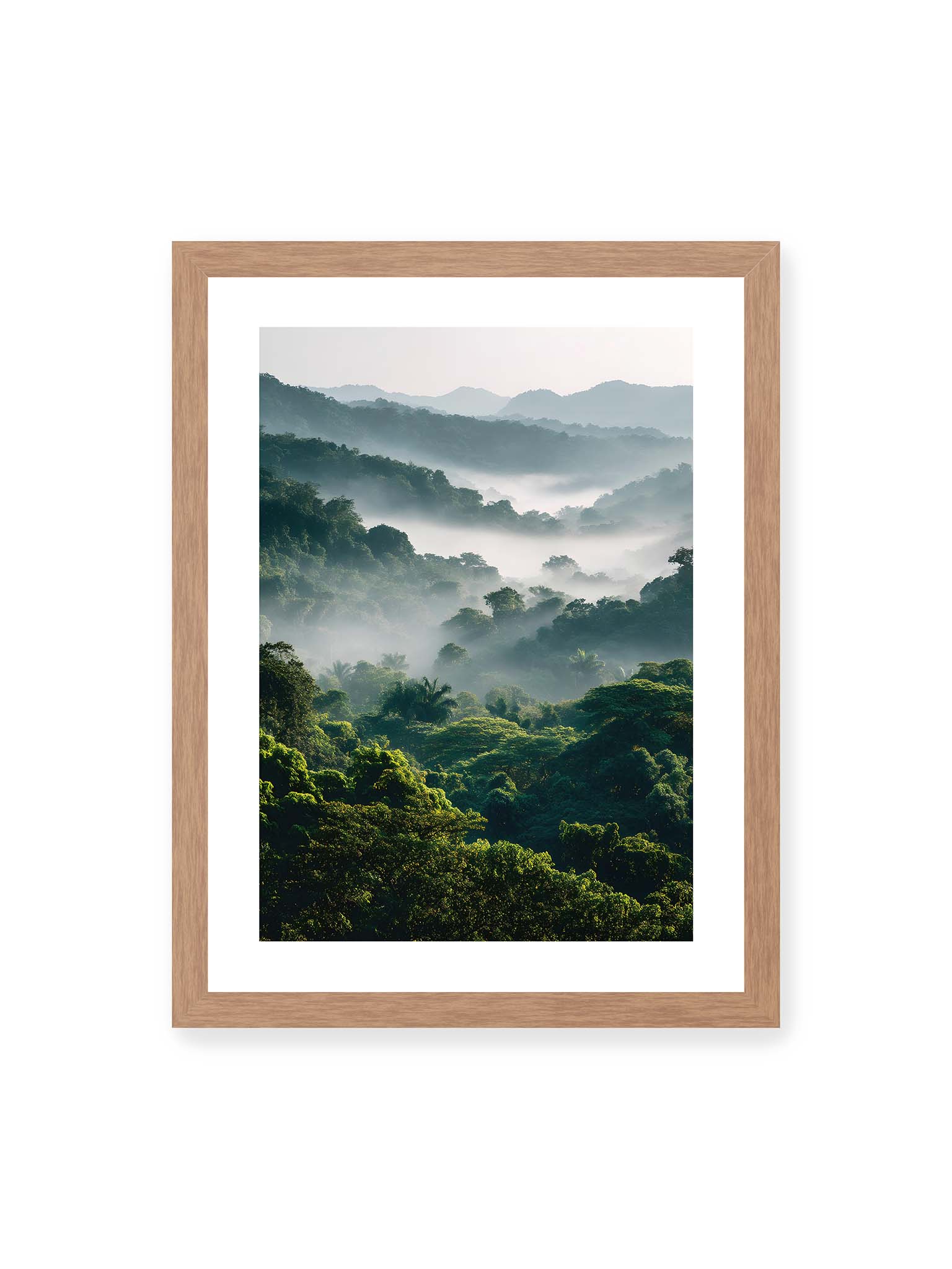 30x40 cm, weißer Galerie-Rand, Eichenrahmen – Tropischer Wald mit grünem Laub, von Nebel umhüllt und von sanftem Licht erleuchtet.