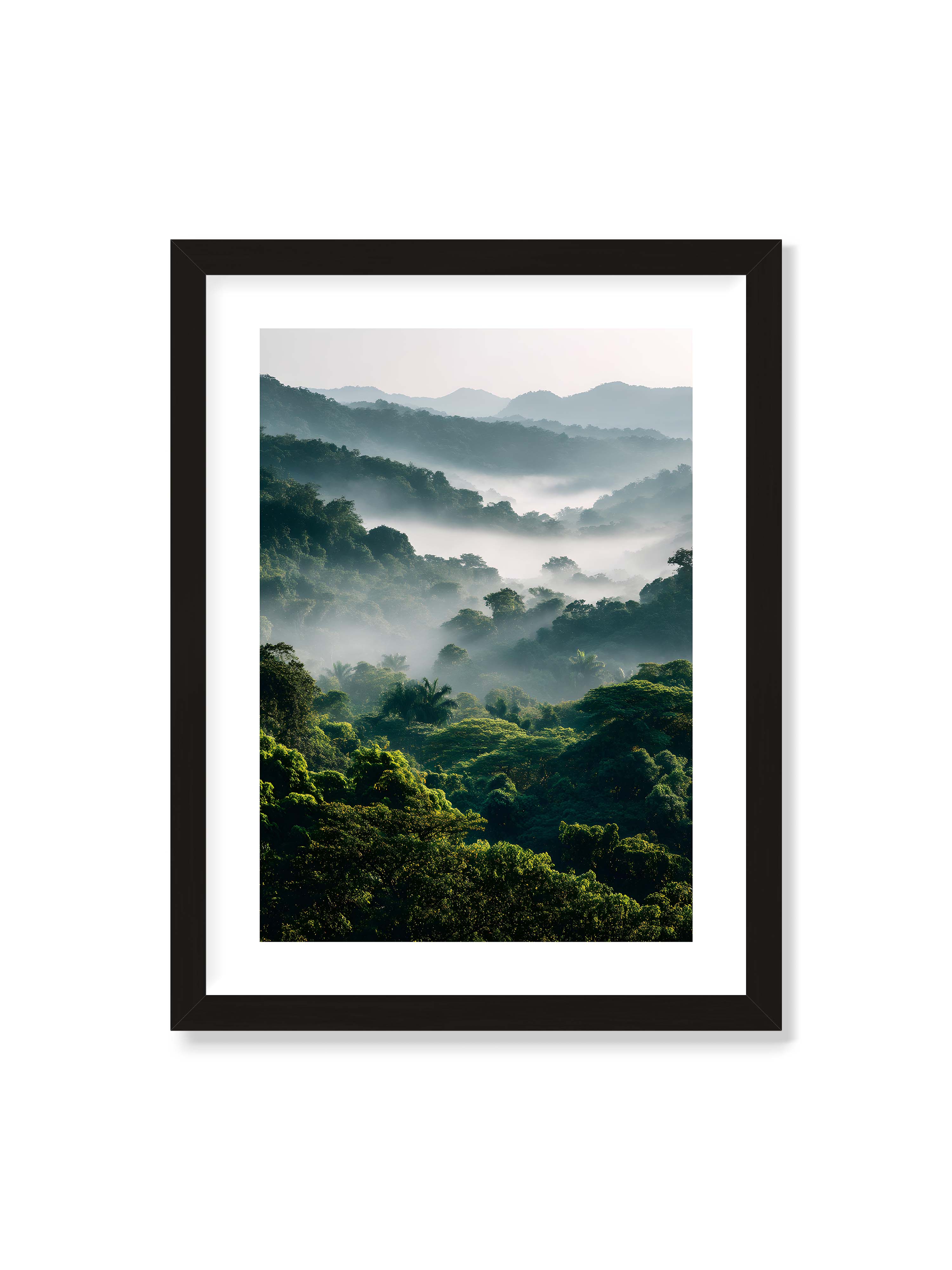 30x40 cm mit weißem Galerie-Rand mit schwarzem Rahmen – Tropischer Wald mit grünem Laub, von Nebel umhüllt und von sanftem Licht erleuchtet.