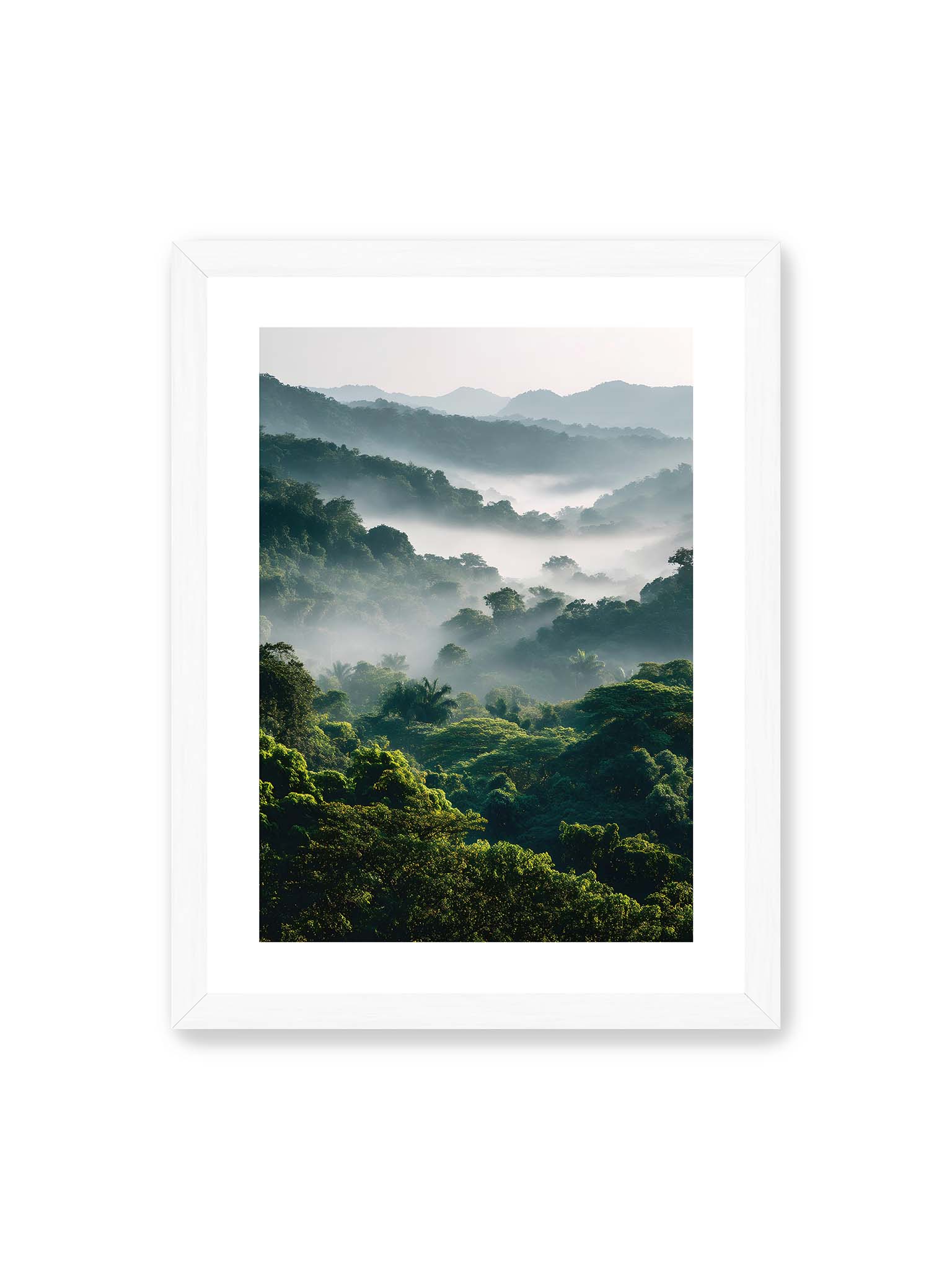 30x40 cm, weißer Galerie-Rand, weißer Rahmen – Tropischer Wald mit grünem Laub, von Nebel umhüllt und von sanftem Licht erleuchtet.