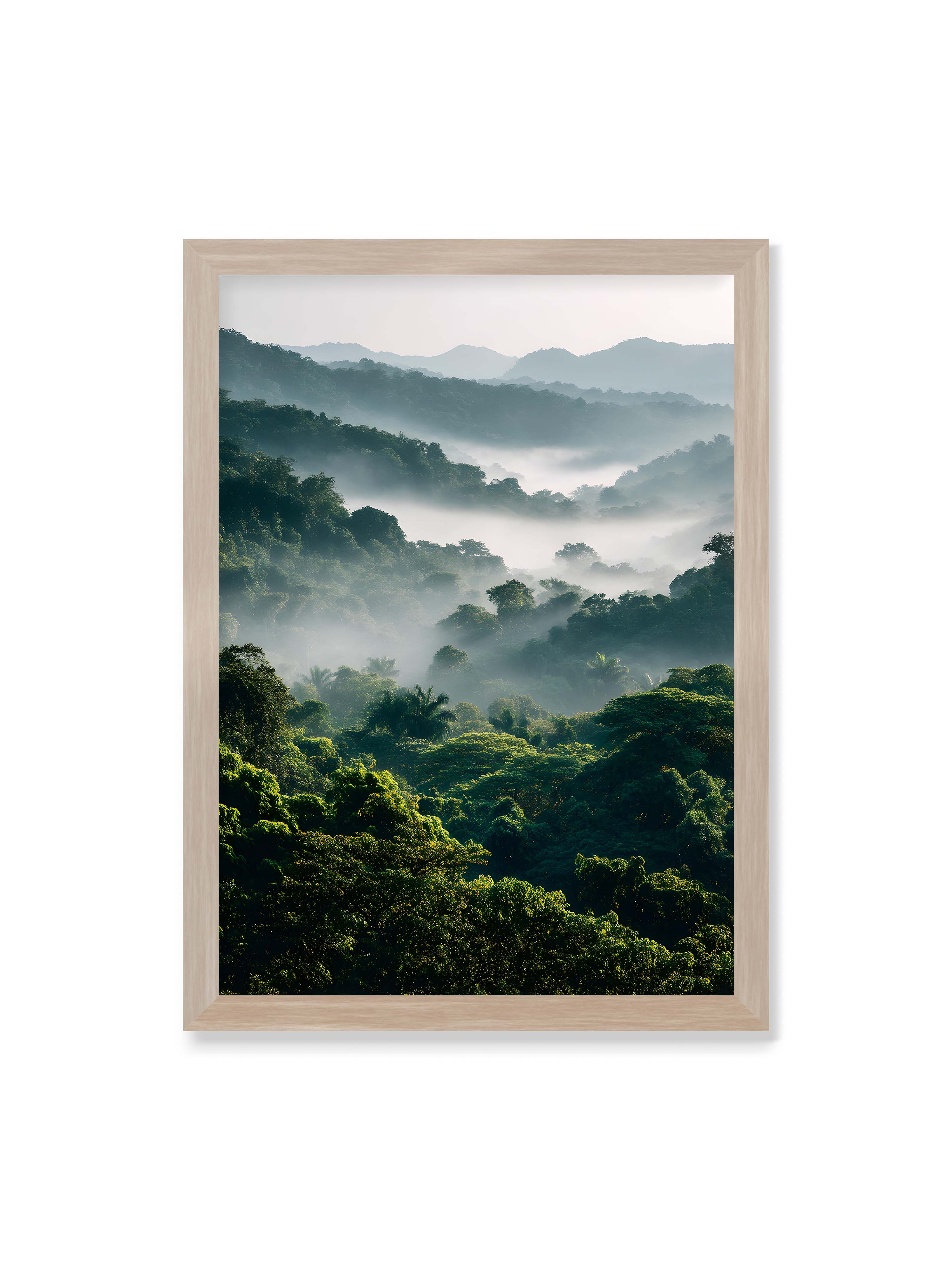 50x70 cm ohne Galerie-Rand im Eichenrahmen – Tropischer Wald mit grünem Laub, von Nebel umhüllt und von sanftem Licht erleuchtet.