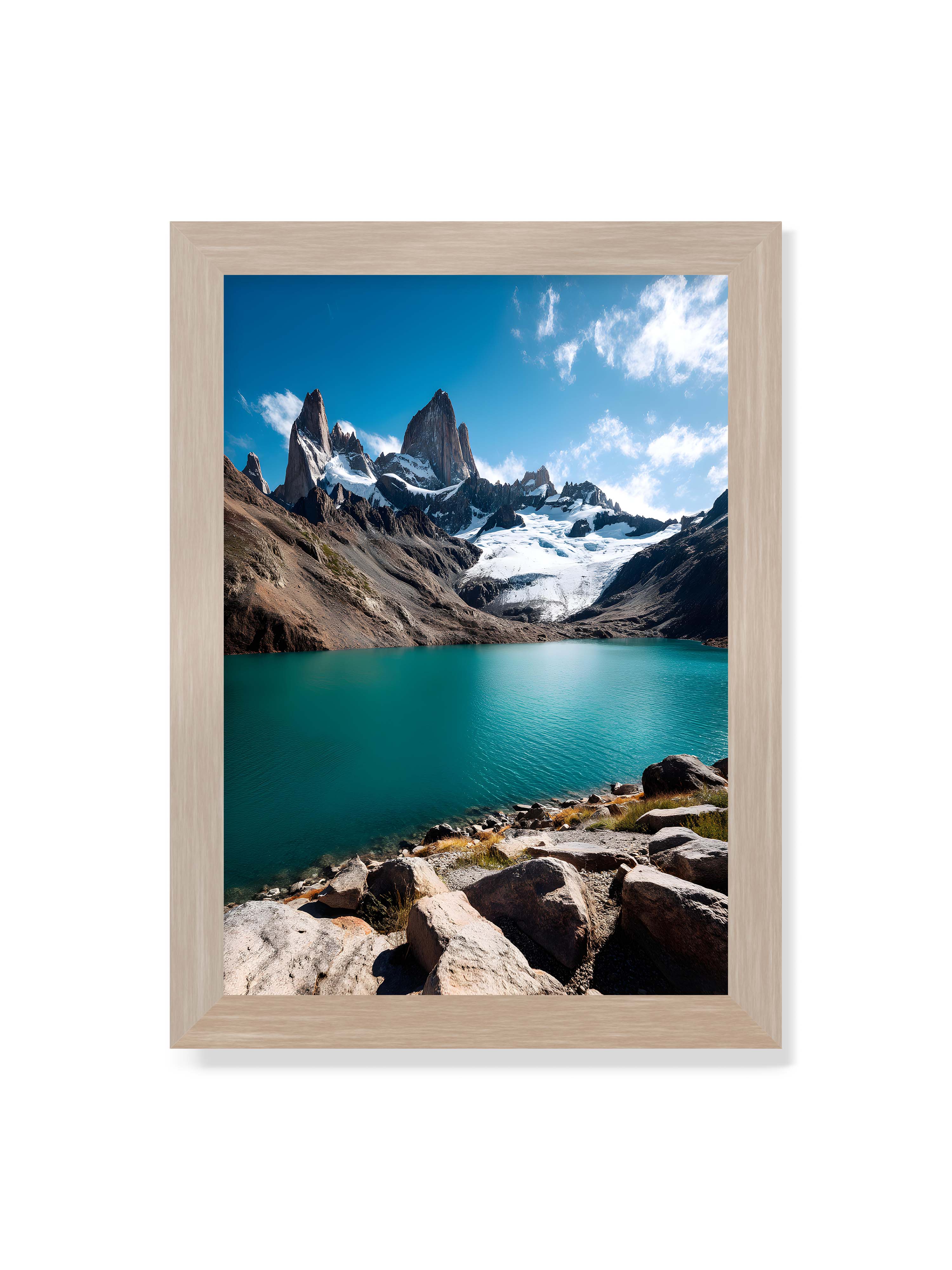 21x30 cm ohne Galerie-Rand im Eichenrahmen – Schneebedeckte Berggipfel mit kristallklarem See im Vordergrund, unter einem azurblauen Himmel.