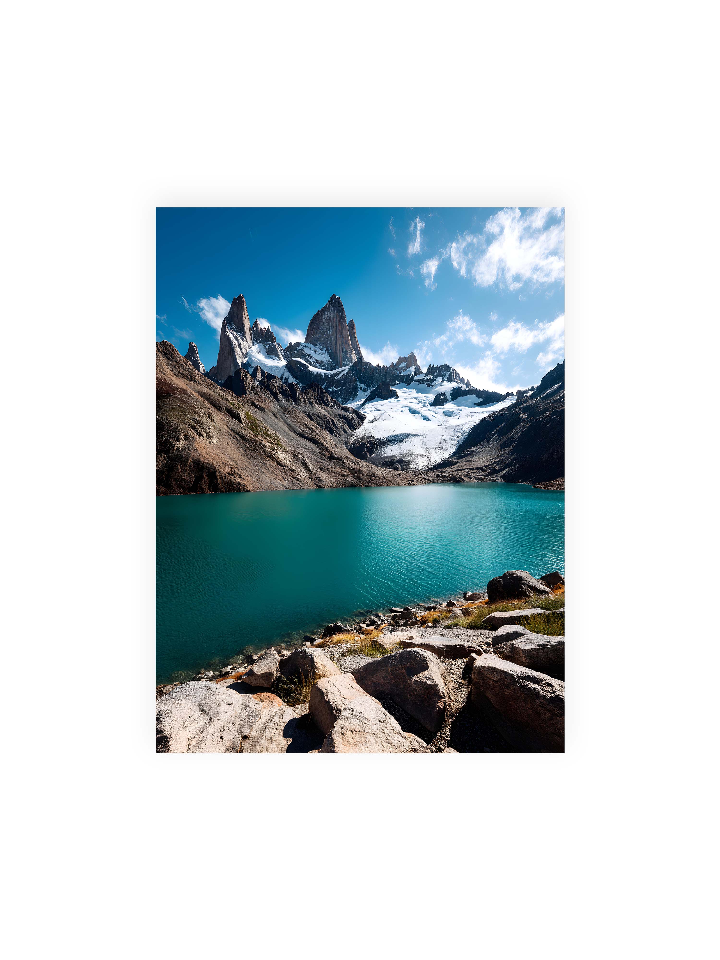 30x40 cm ohne Galerie-Rand ohne Rahmen – Schneebedeckte Berggipfel mit kristallklarem See im Vordergrund, unter einem azurblauen Himmel.