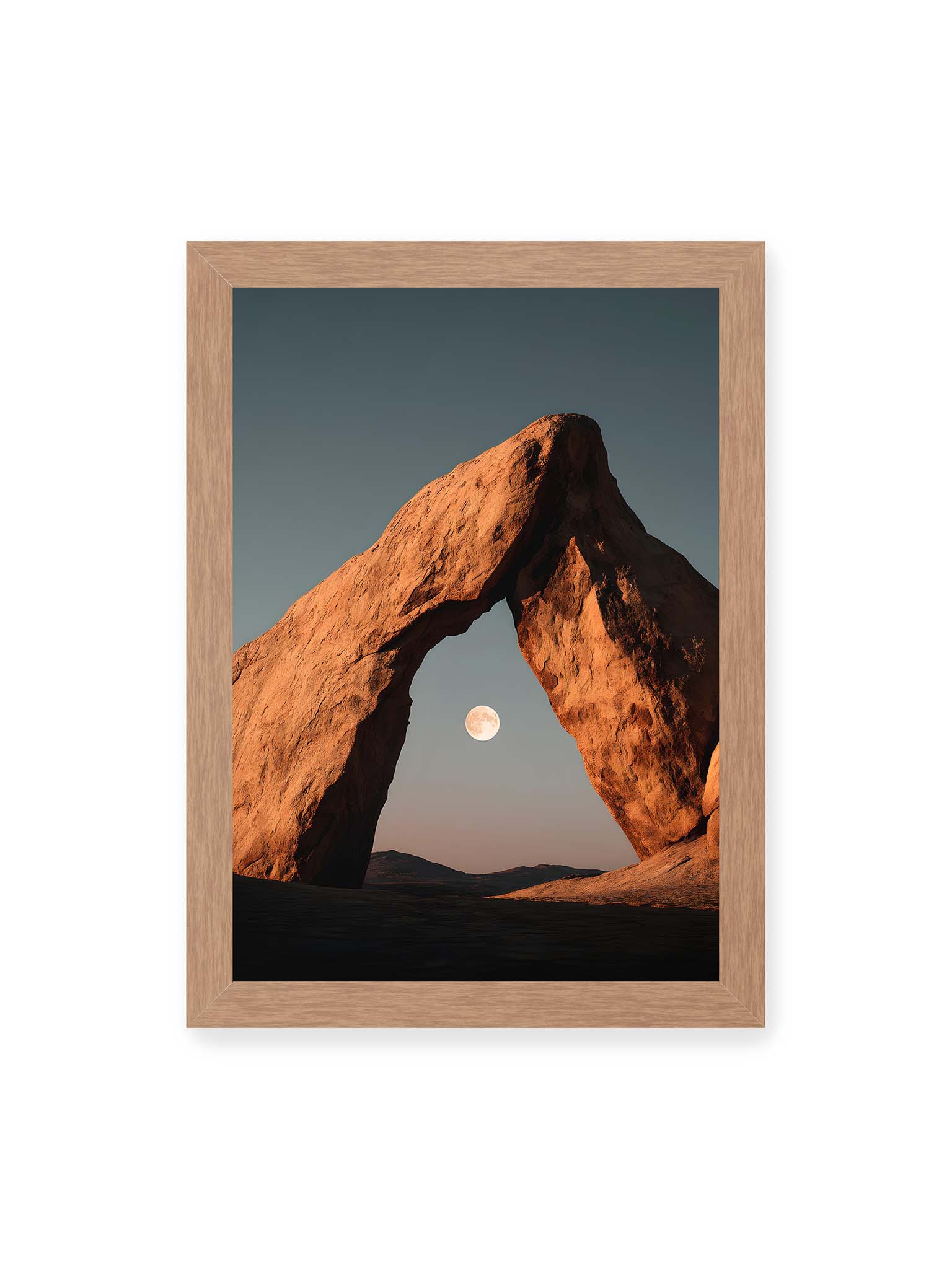 21x30 cm, Eichenrahmen – Natürlicher Felsenbogen mit eingerahmtem Vollmond bei Dämmerung vor tiefblauem Himmel.