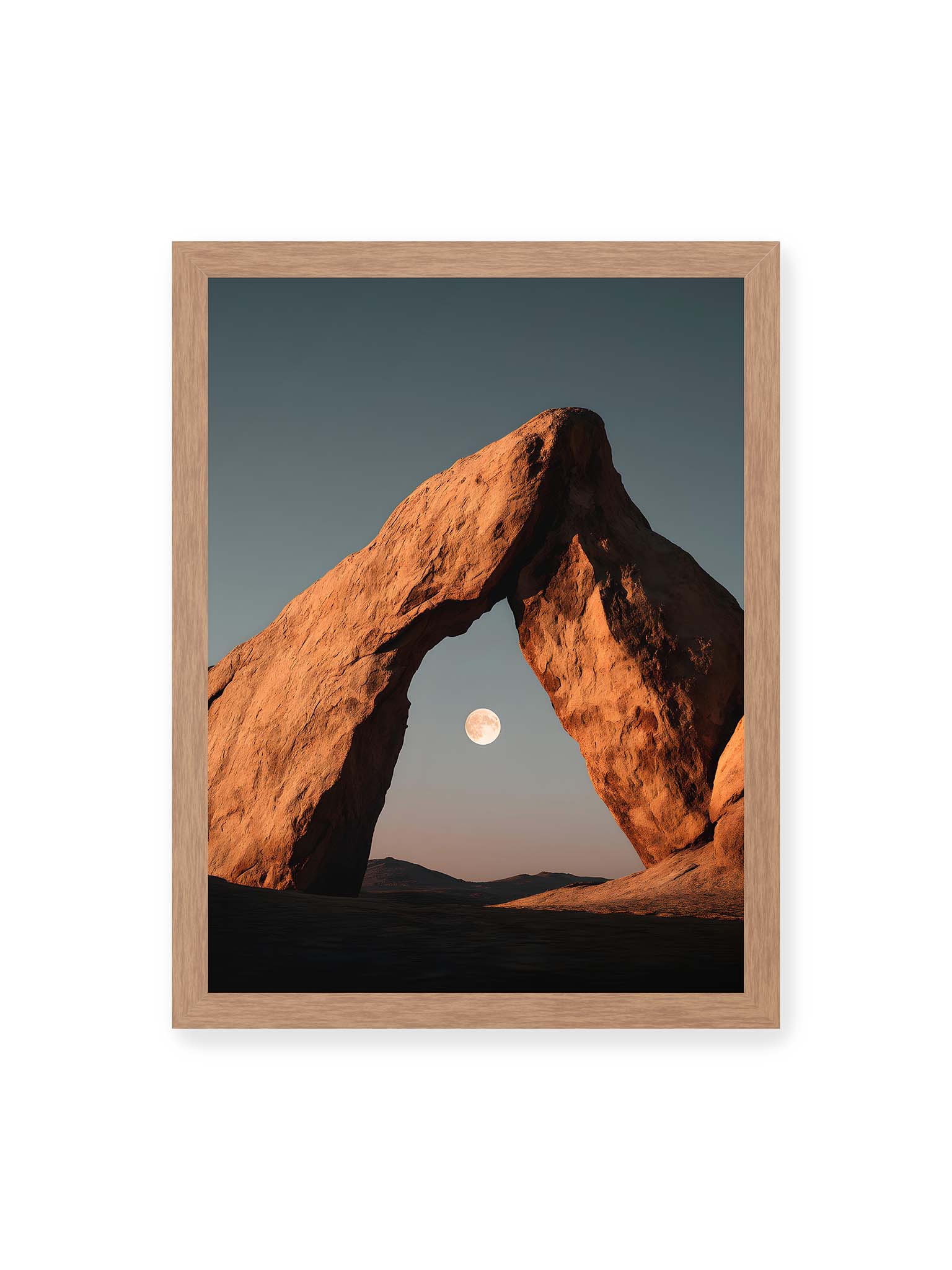 30x40 cm, Eichenrahmen – Natürlicher Felsenbogen mit eingerahmtem Vollmond bei Dämmerung vor tiefblauem Himmel.