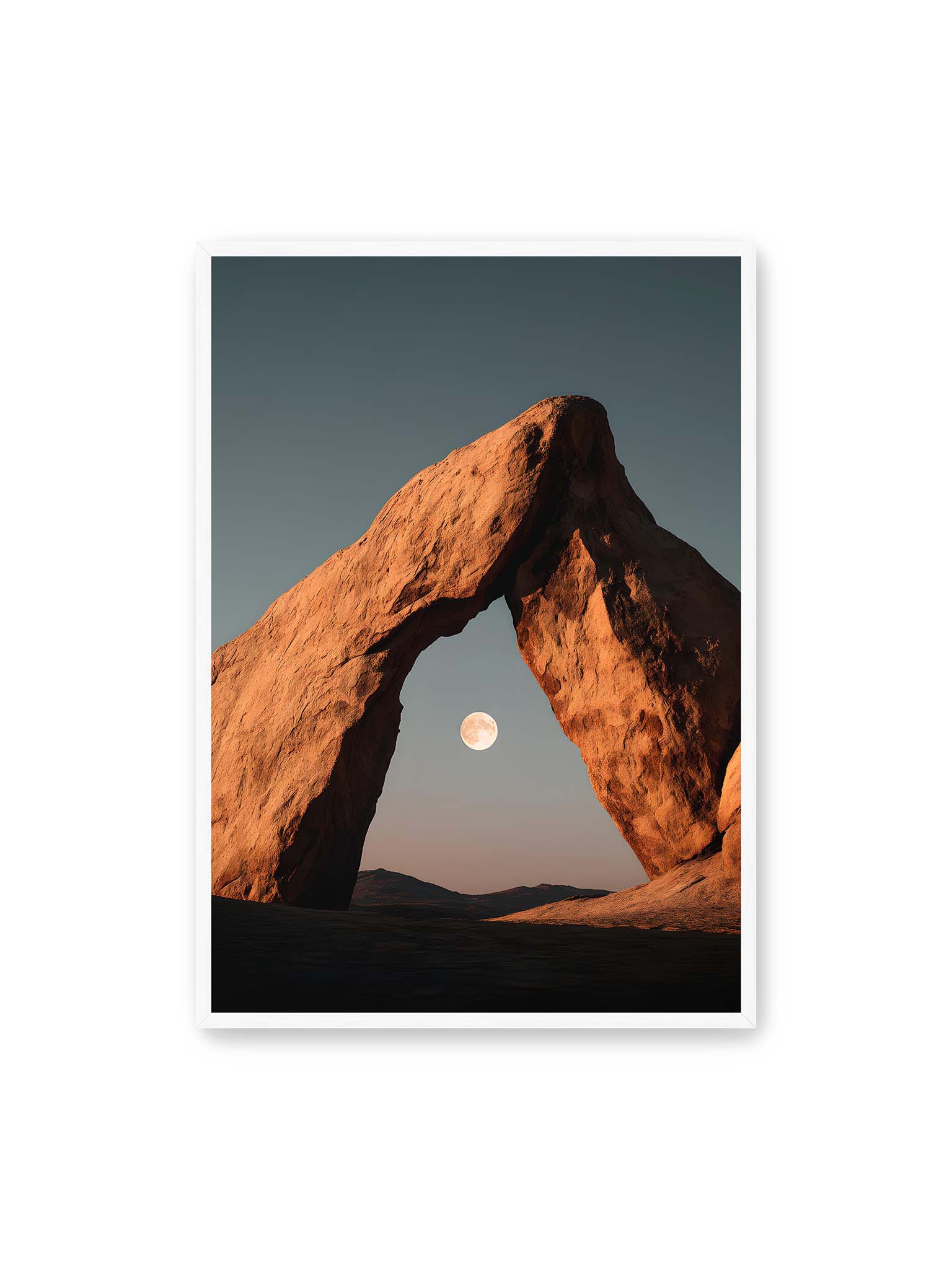 70x100 cm, weißer Rahmen – Natürlicher Felsenbogen mit eingerahmtem Vollmond bei Dämmerung vor tiefblauem Himmel.