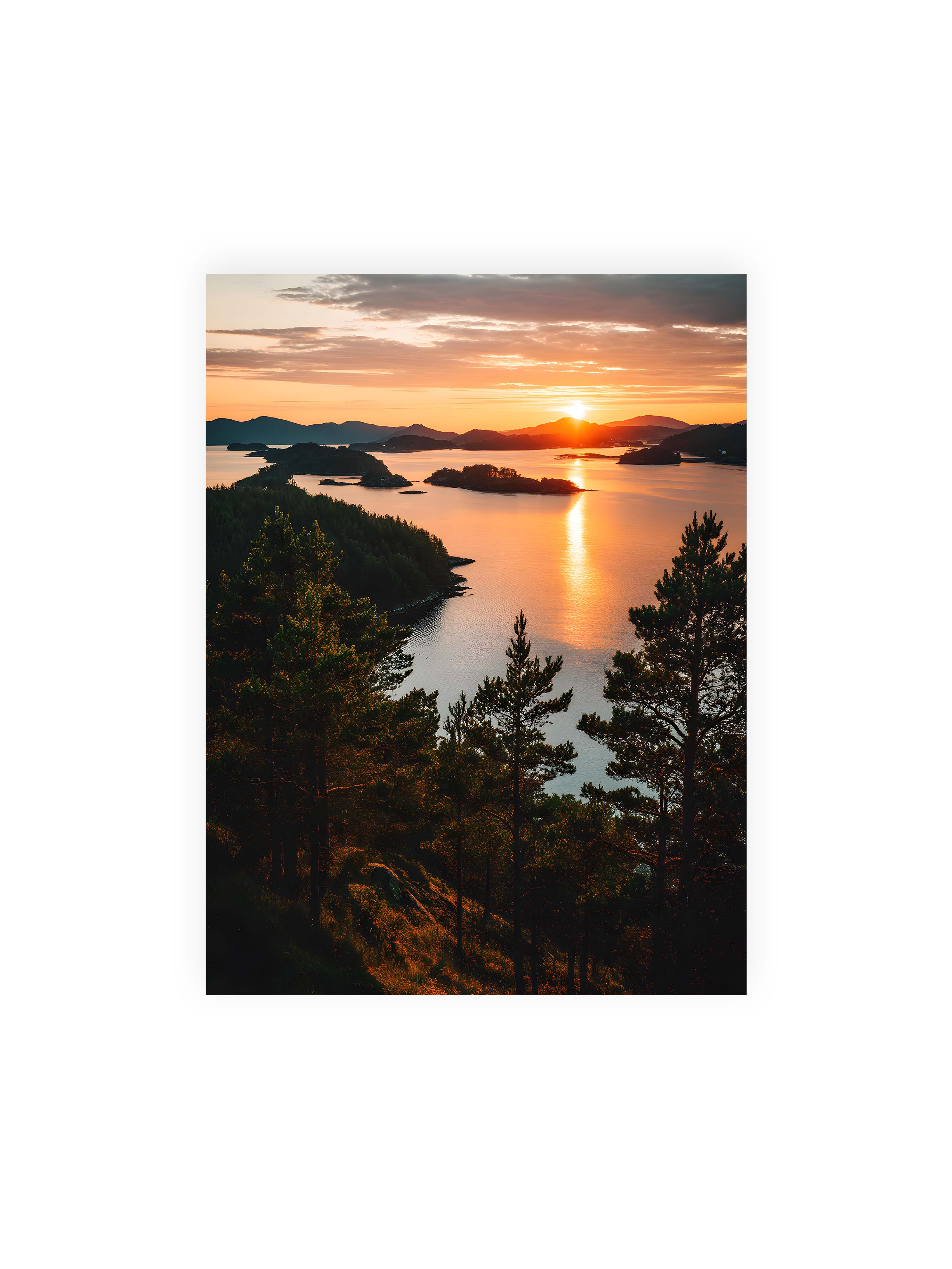 30x40 cm ohne Galerie-Rand ohne Rahmen – Sonnenuntergang über Inseln mit goldenen Reflexionen im Wasser, Bäume im Vordergrund.