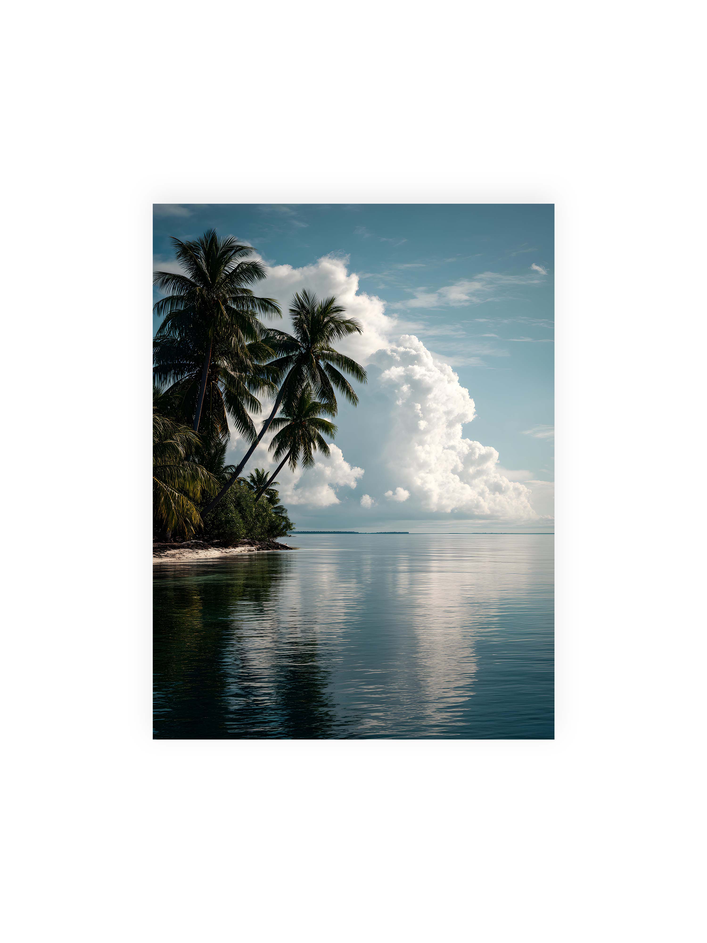 30x40 cm ohne Galerie-Rand ohne Rahmen – Tropische Küste mit Palmen und Spiegelung des Himmels im ruhigen Wasser.