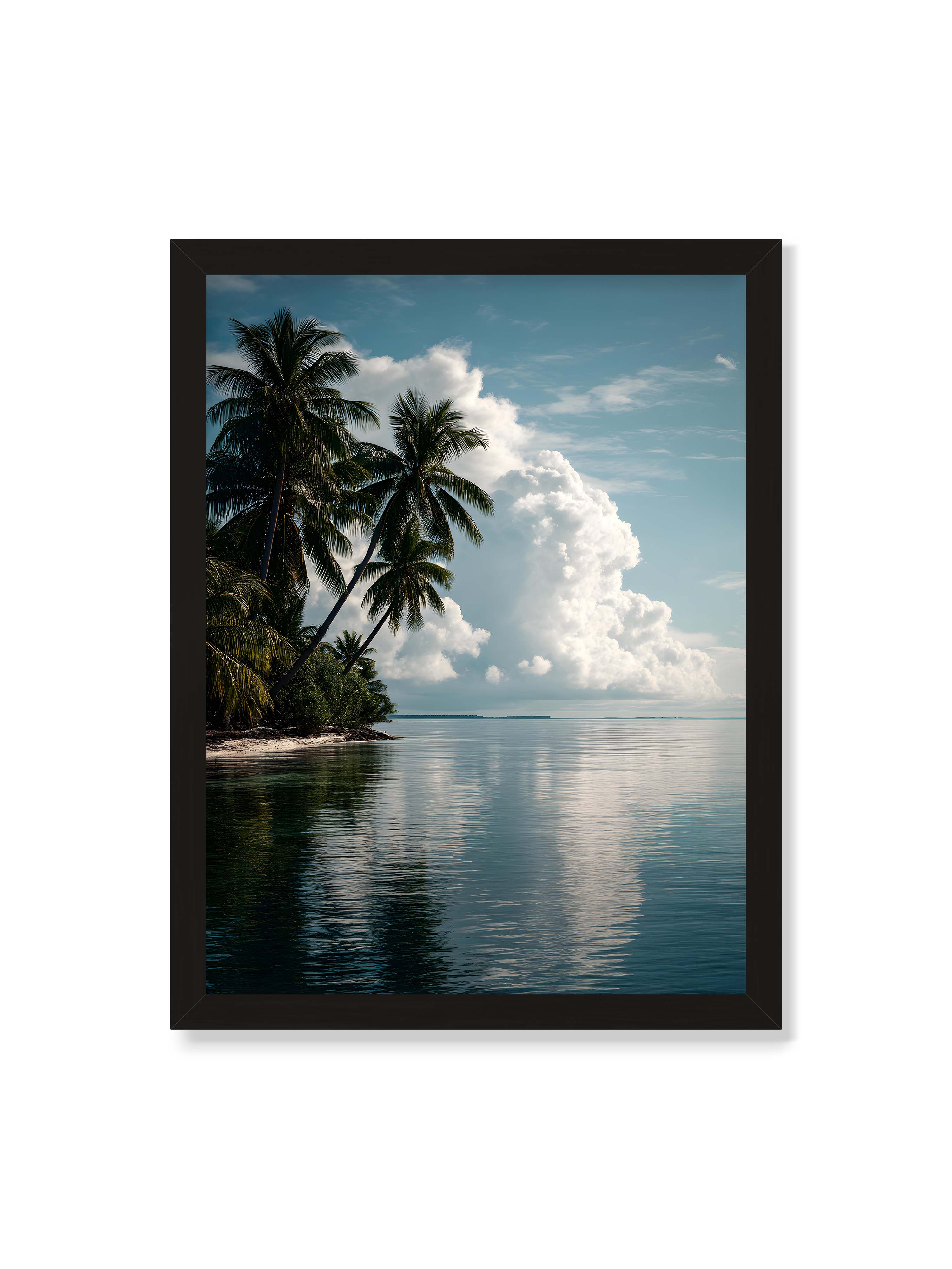 30x40 cm ohne Galerie-Rand mit schwarzem Rahmen – Tropische Küste mit Palmen und Spiegelung des Himmels im ruhigen Wasser.