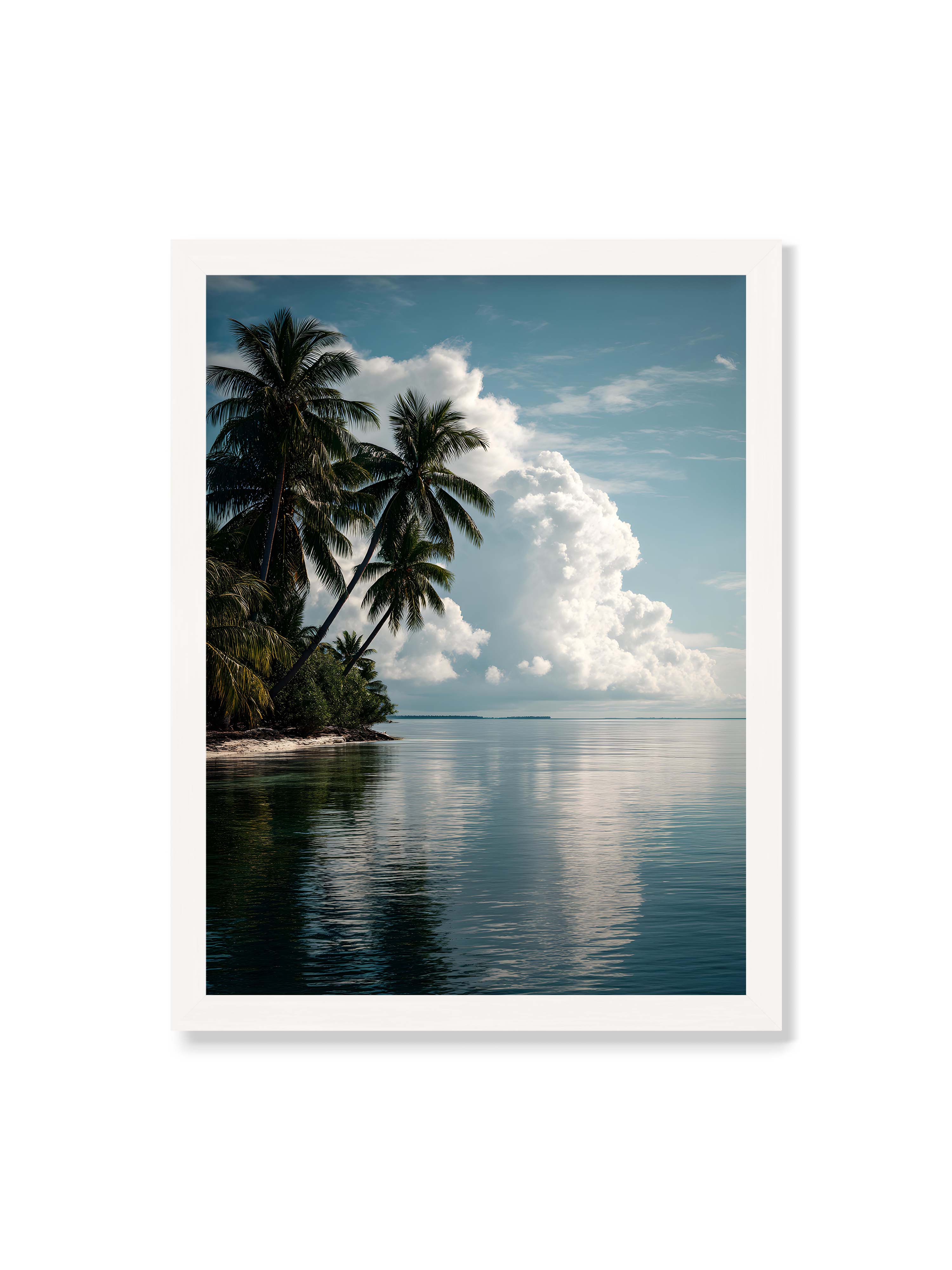 30x40 cm ohne Galerie-Rand mit weißem Rahmen – Tropische Küste mit Palmen und Spiegelung des Himmels im ruhigen Wasser.
