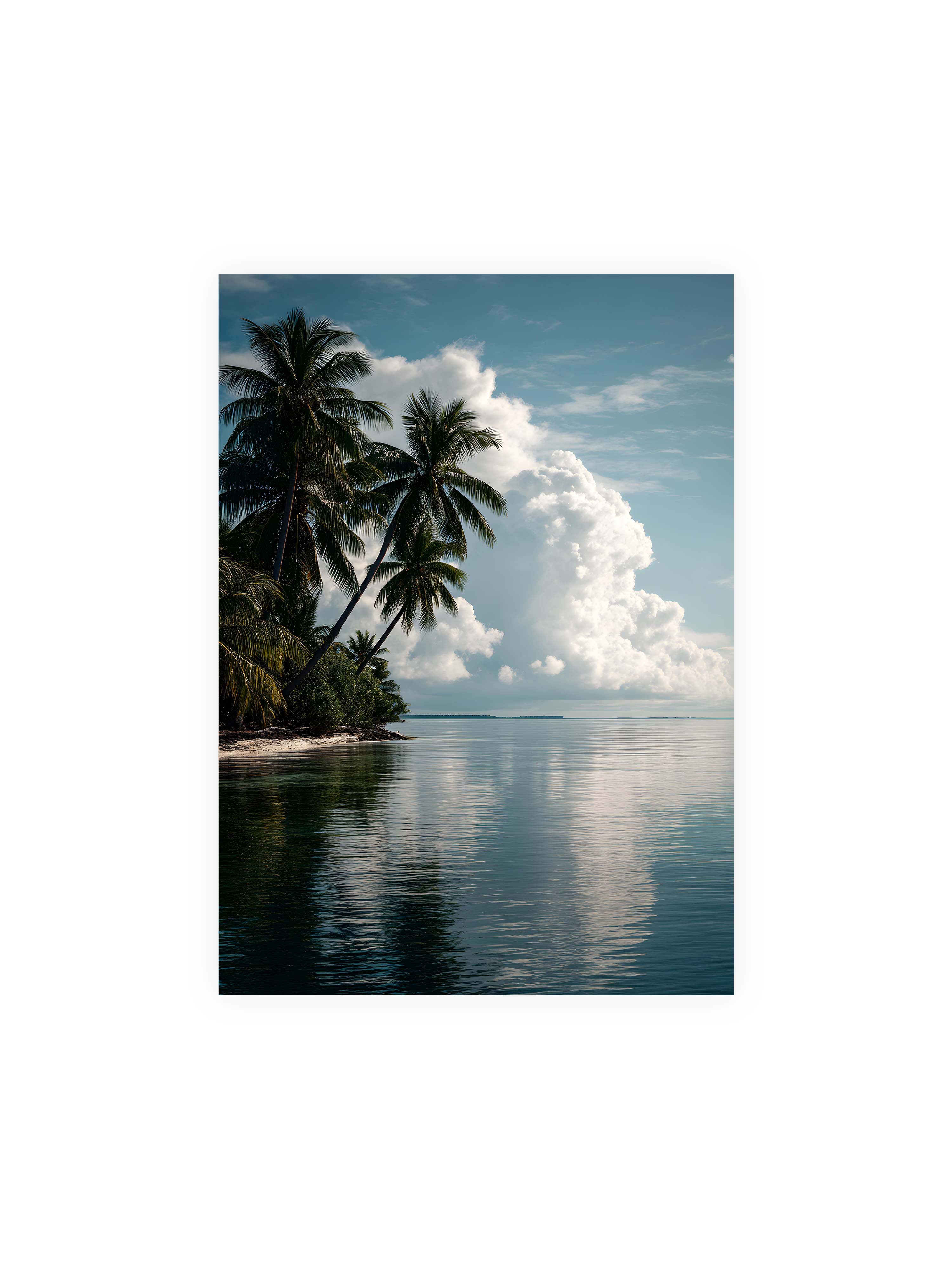 50x70 cm ohne Galerie-Rand ohne Rahmen – Tropische Küste mit Palmen und Spiegelung des Himmels im ruhigen Wasser.