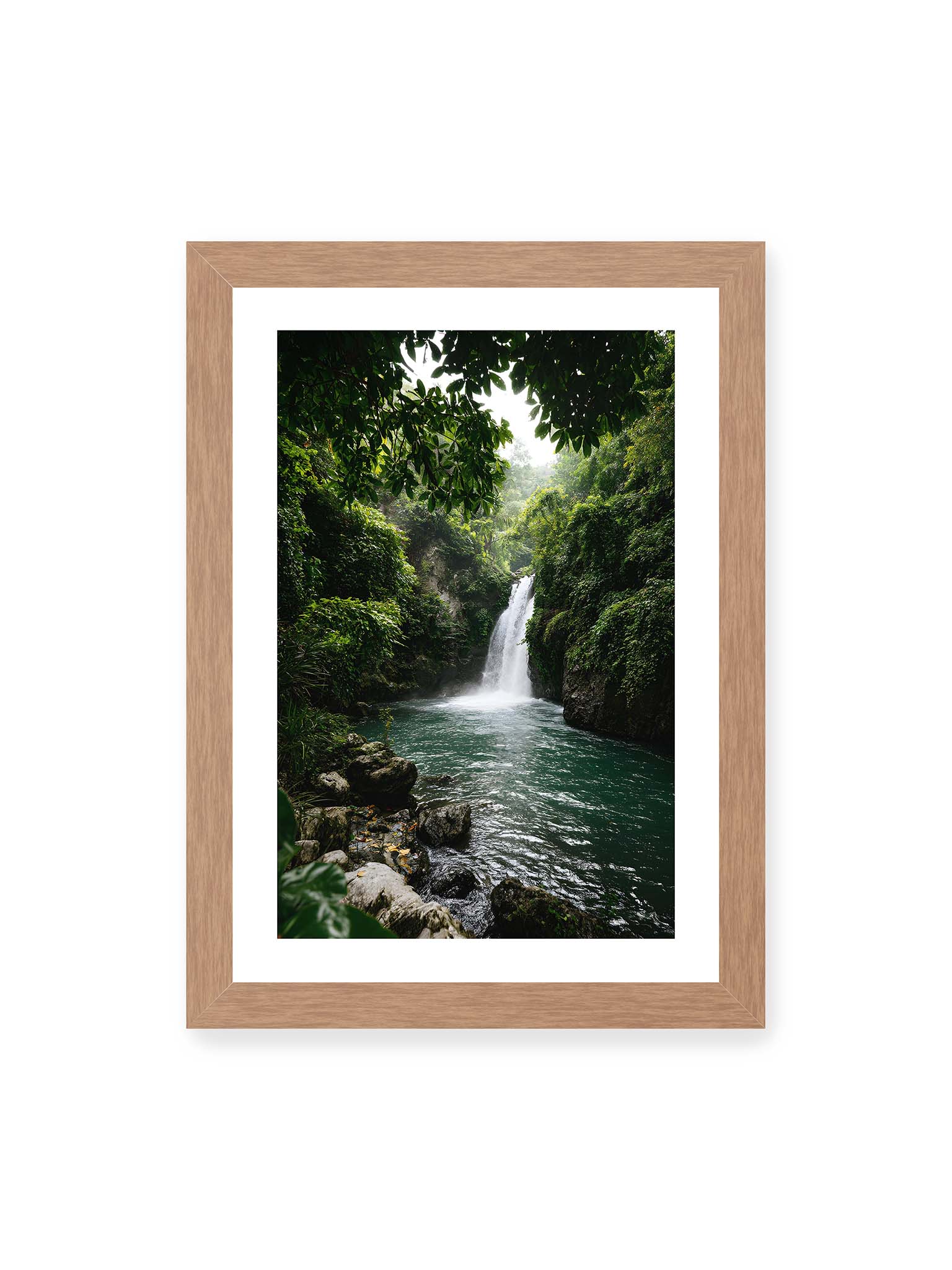 21x30 cm, weißer Galerie-Rand, Eichenrahmen – Tropischer Wasserfall in einem üppigen Dschungel mit klarem Wasser und grüner Vegetation.