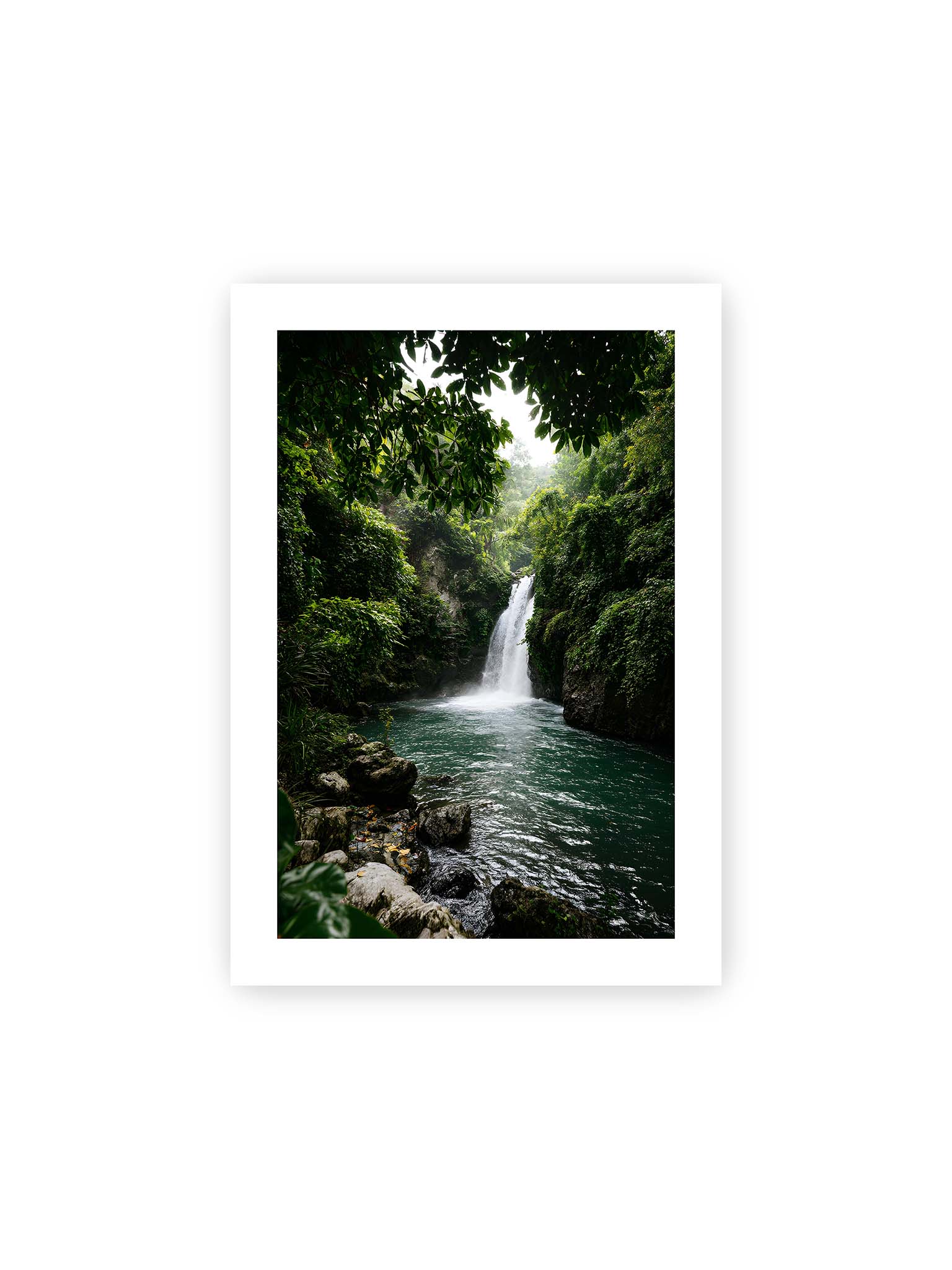 21x30 cm, weißer Galerie-Rand – Tropischer Wasserfall in einem üppigen Dschungel mit klarem Wasser und grüner Vegetation.