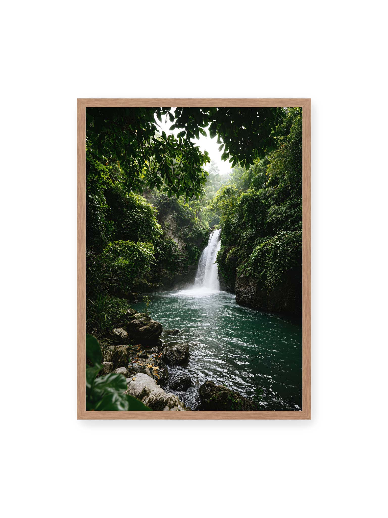 50x70 cm, Eichenrahmen – Tropischer Wasserfall in einem üppigen Dschungel mit klarem Wasser und grüner Vegetation.