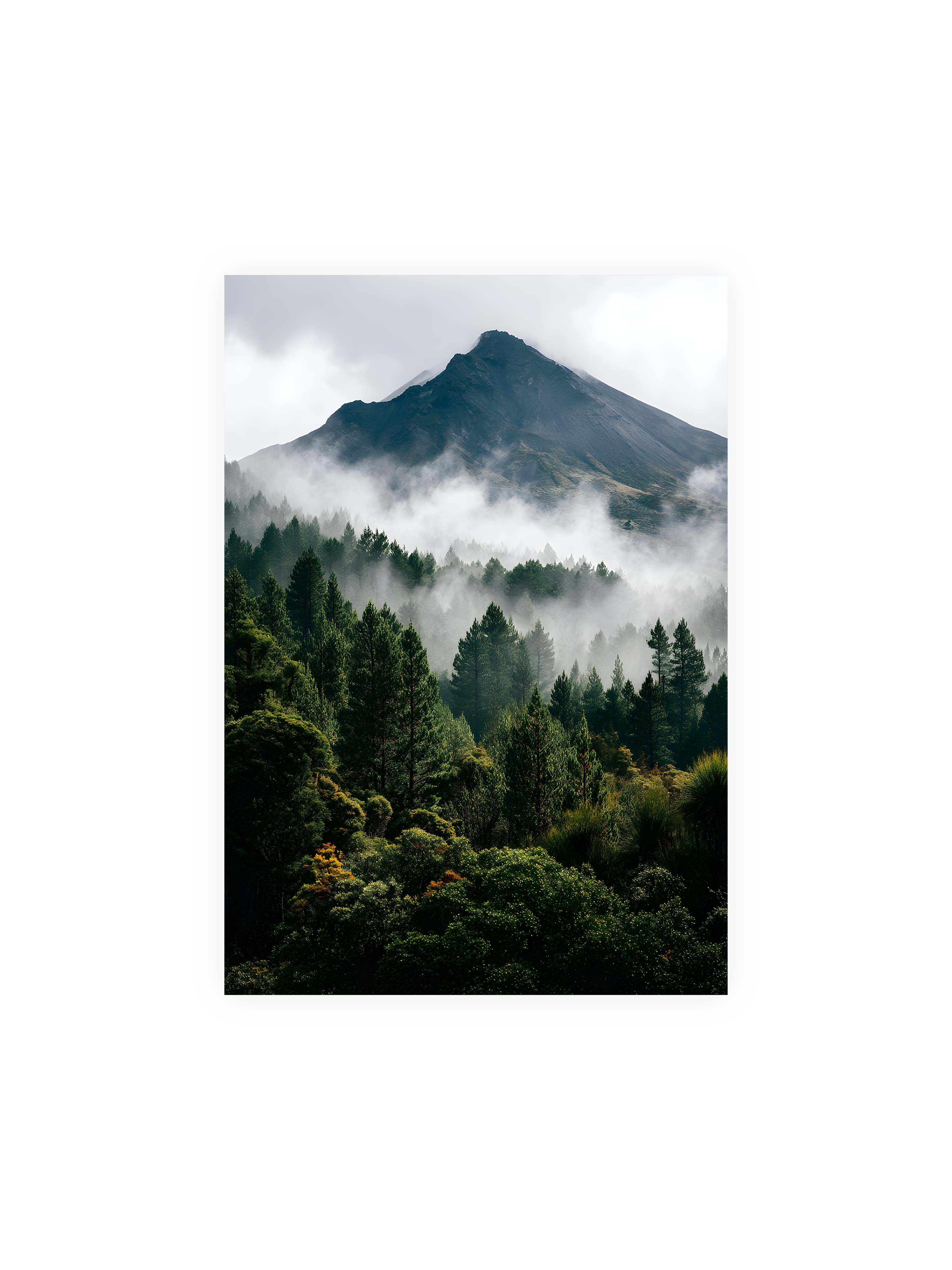 70x100 cm ohne Galerie-Rand ohne Rahmen – Berggipfel, umhüllt von Nebel, mit dichten Wäldern im Vordergrund.