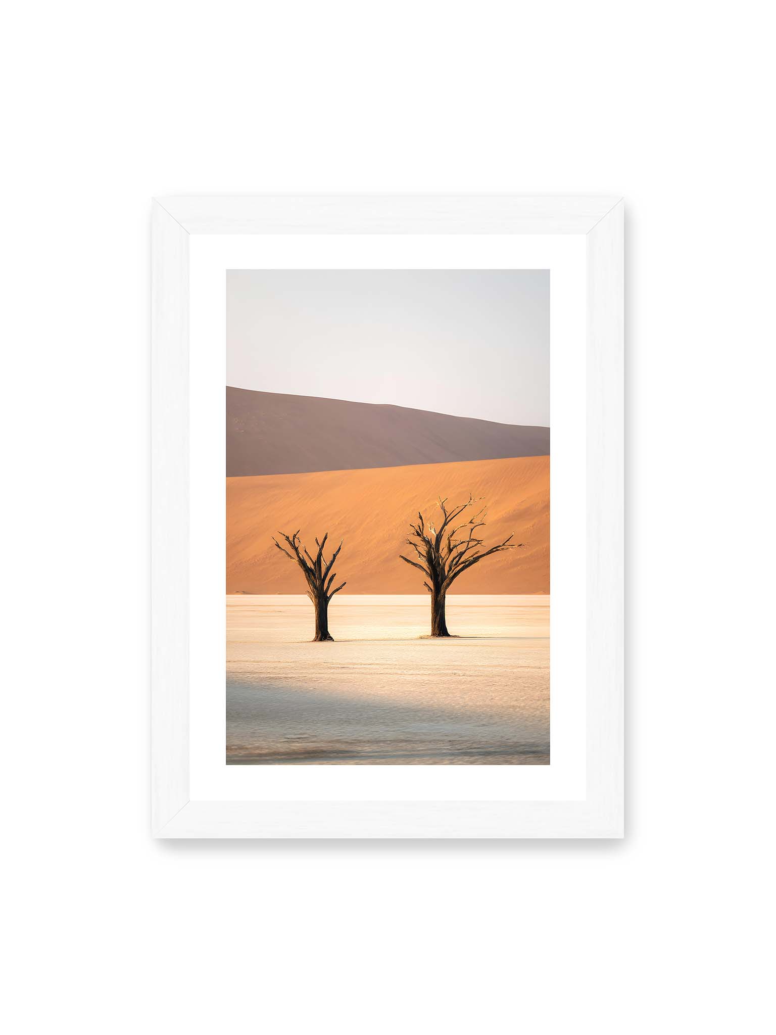 21x30 cm, weißer Galerie-Rand, weißer Rahmen – Zwei kahle Bäume stehen isoliert vor sandigen Dünen in einer weiten, hellen Wüstenlandschaft in Deadvlei, Namibia.