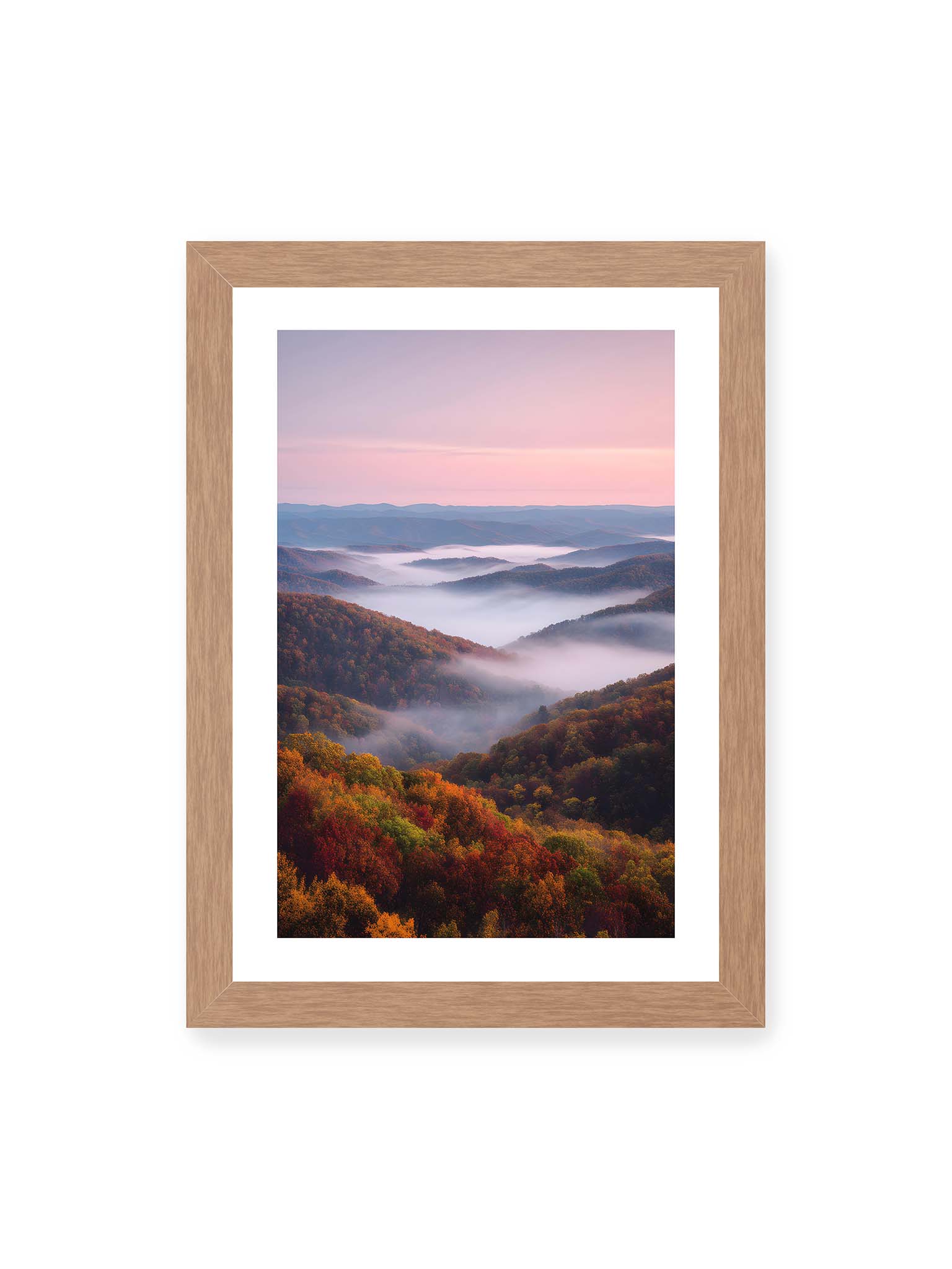 21x30 cm, weißer Galerie-Rand, Eichenrahmen – Nebel zieht durch herbstliche Berglandschaft mit bunten Wäldern und sanften Hügeln.