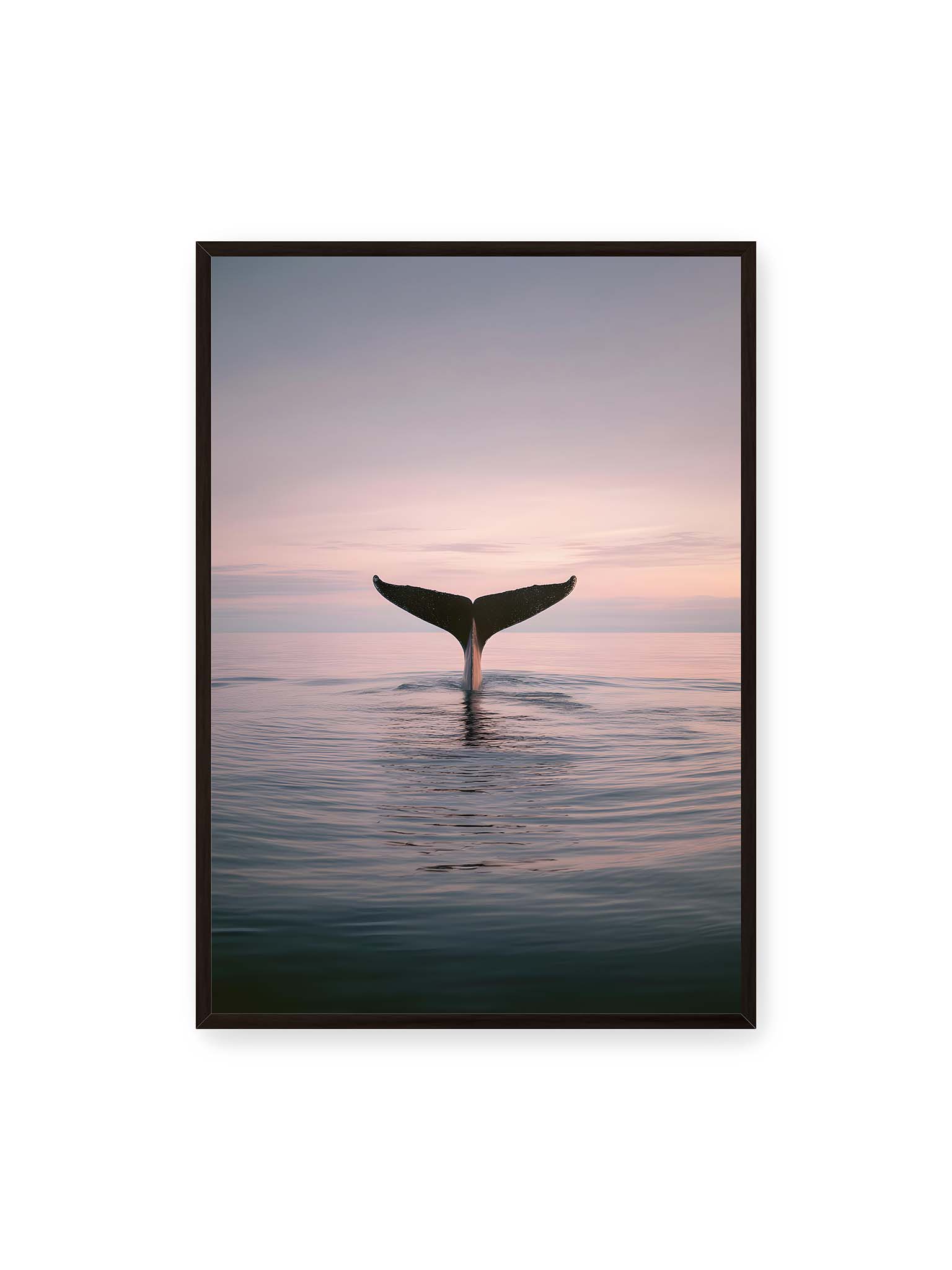 70x100 cm, schwarzer Rahmen – Walflosse ragt aus ruhigem Meer bei sanftem Himmel und zarten Farbübergängen.