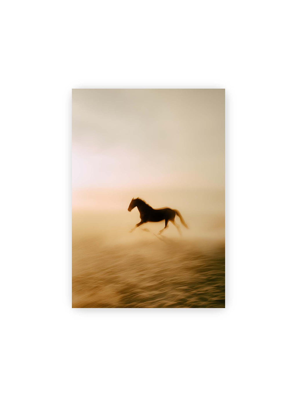 21x30 cm – Pferd läuft durch goldenen Staub mit starker Bewegungsunschärfe in warmer Lichtstimmung.