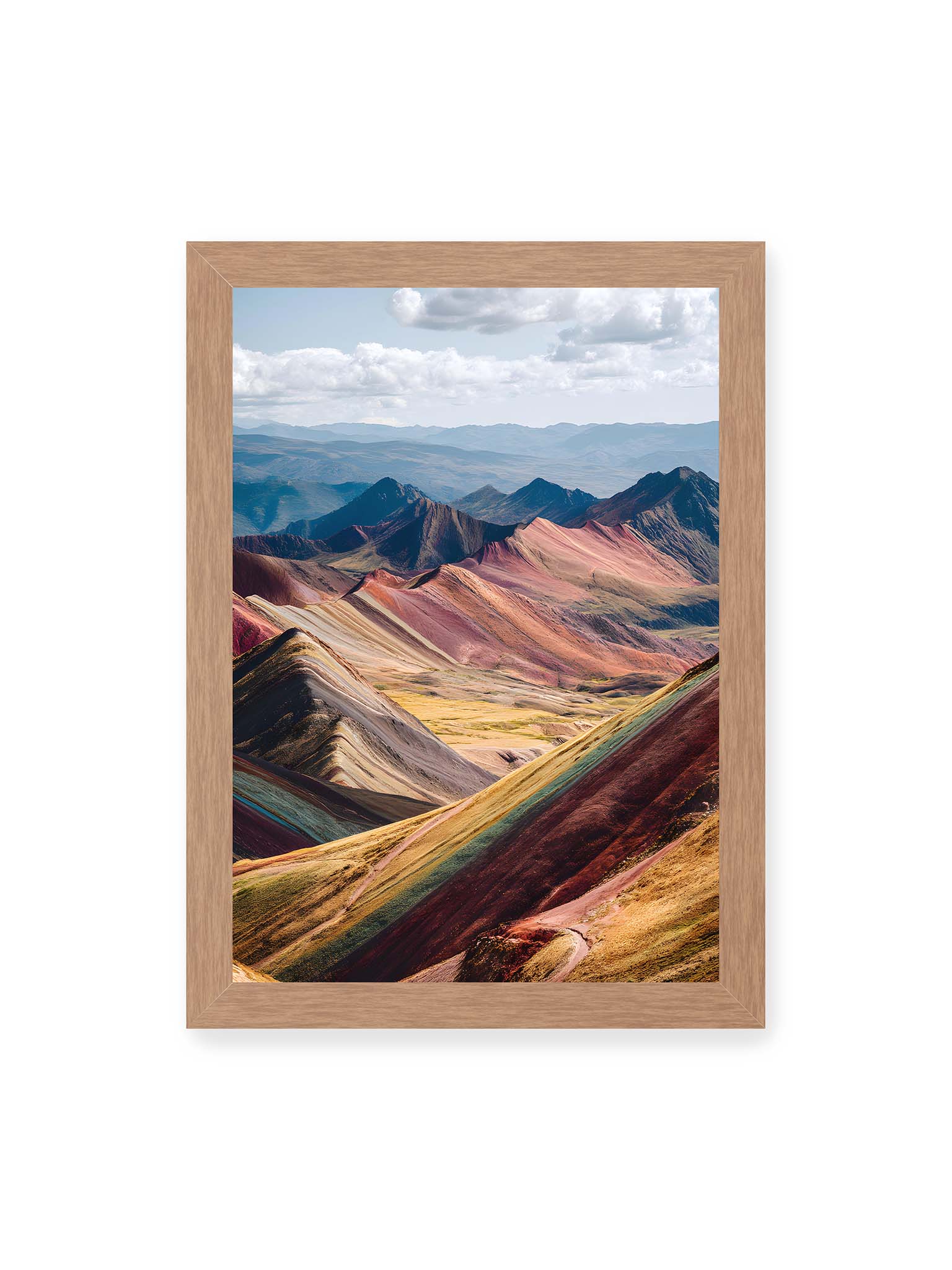 21x30 cm, Eichenrahmen – Berglandschaft in Peru in leuchtenden Farben und Schichten, die das Licht reflektieren und eine majestätische Szenerie schaffen.