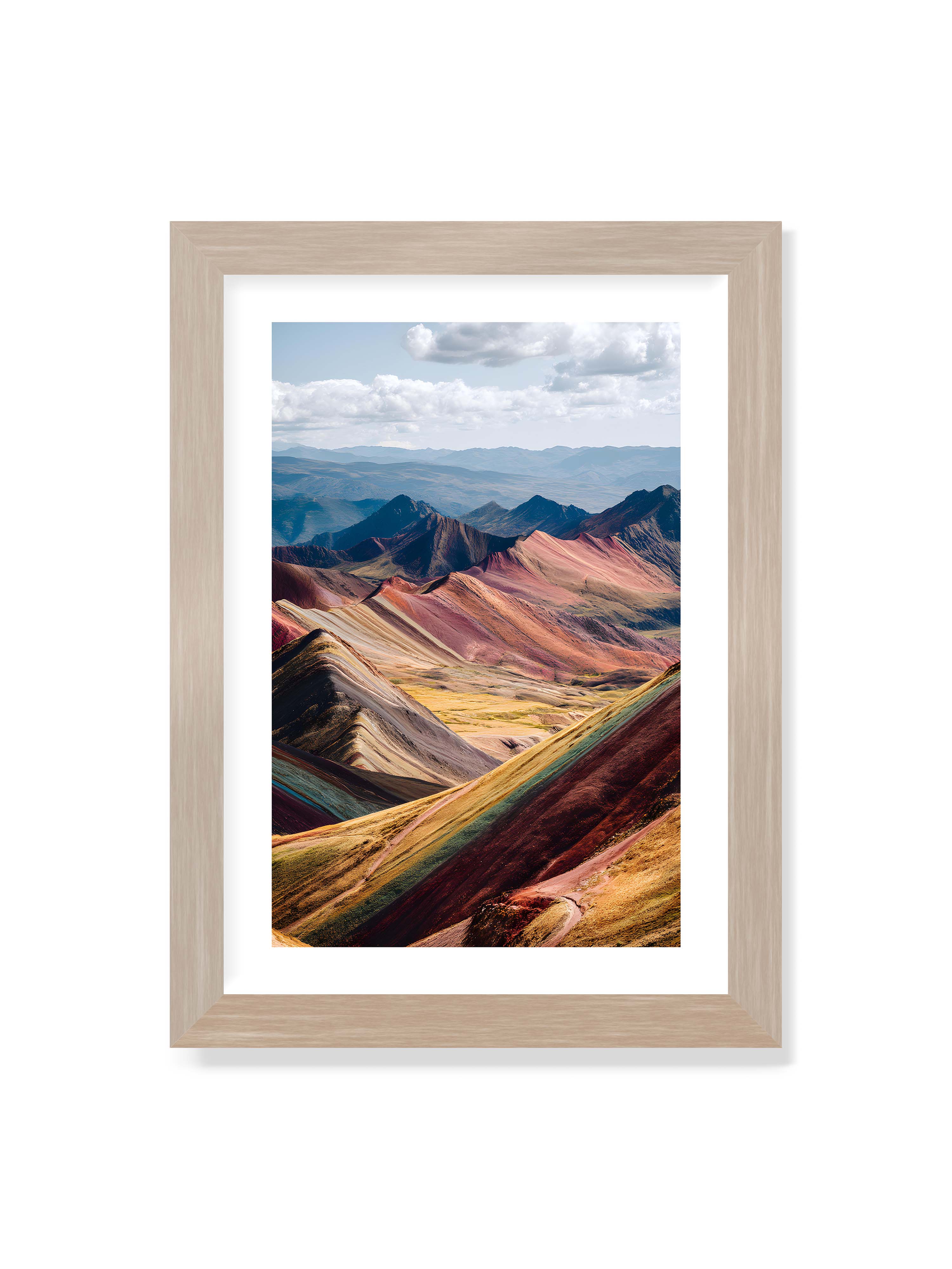 21x30 cm mit weißem Galerie-Rand im Eichenrahmen – Berge in leuchtenden Farben und Schichten, die das Licht reflektieren und eine majestätische Szenerie schaffen.