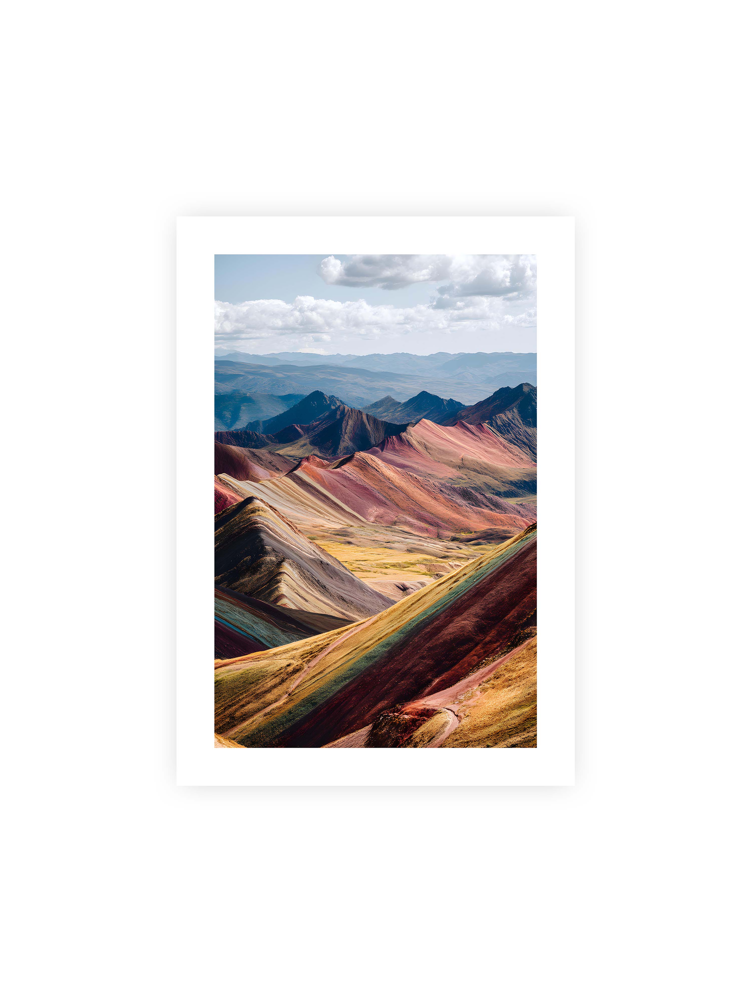 21x30 cm mit weißem Galerie-Rand ohne Rahmen – Berge in leuchtenden Farben und Schichten, die das Licht reflektieren und eine majestätische Szenerie schaffen.