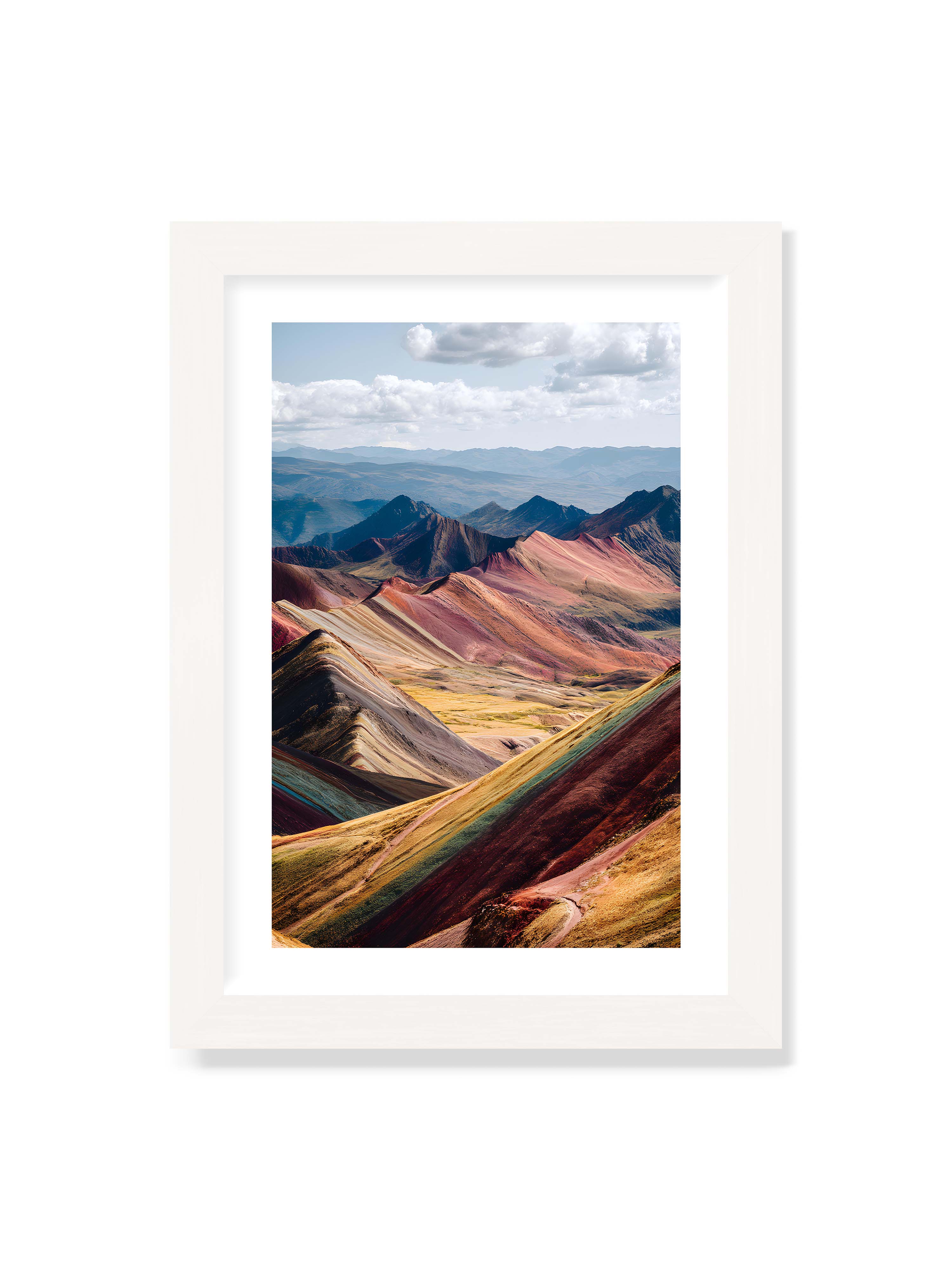 21x30 cm mit weißem Galerie-Rand mit weißem Rahmen – Berge in leuchtenden Farben und Schichten, die das Licht reflektieren und eine majestätische Szenerie schaffen.