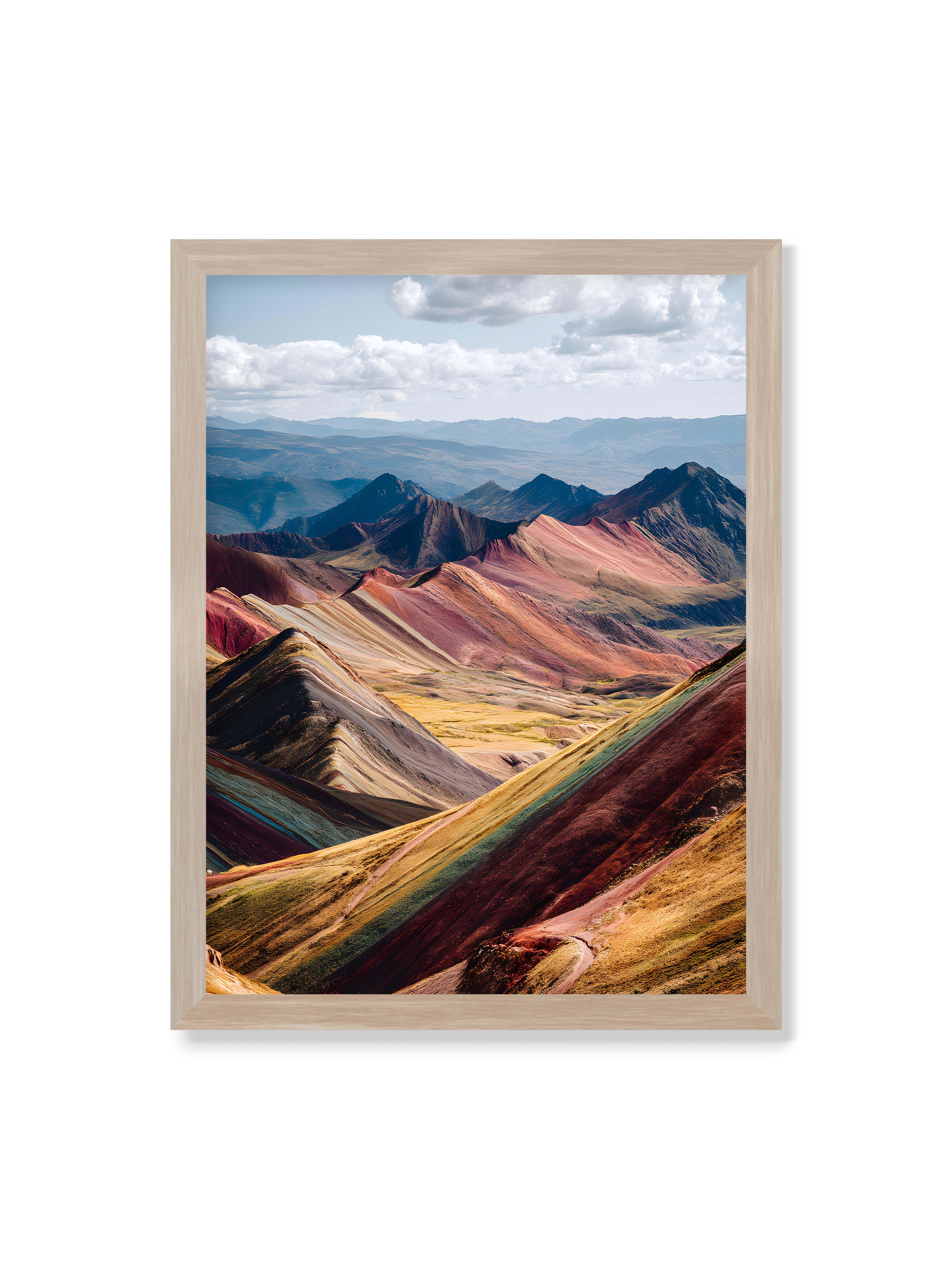 30x40 cm ohne Galerie-Rand im Eichenrahmen – Berge in leuchtenden Farben und Schichten, die das Licht reflektieren und eine majestätische Szenerie schaffen.