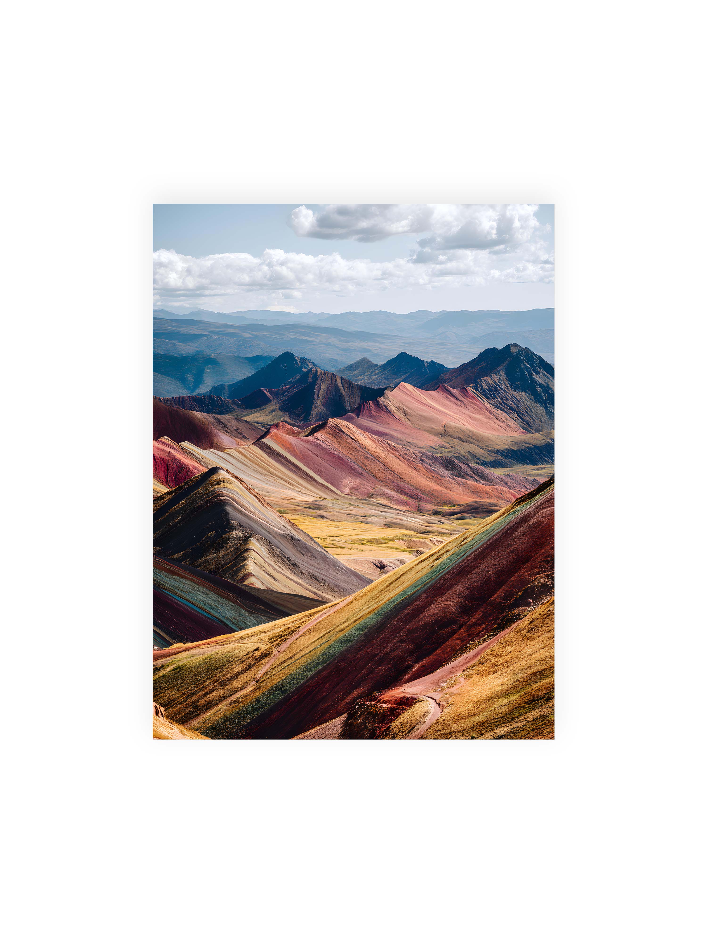 30x40 cm ohne Galerie-Rand ohne Rahmen – Berge in leuchtenden Farben und Schichten, die das Licht reflektieren und eine majestätische Szenerie schaffen.
