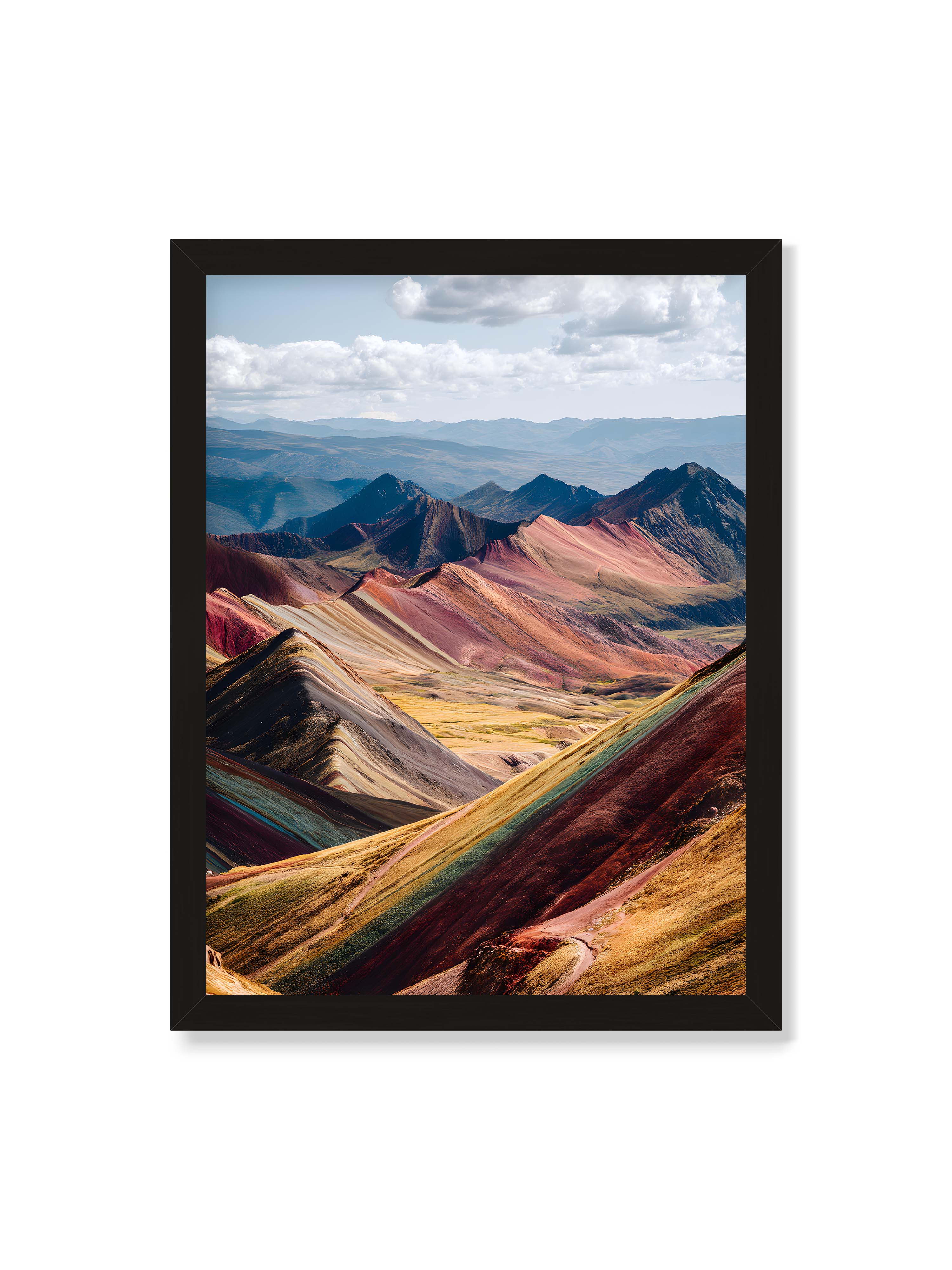 30x40 cm ohne Galerie-Rand mit schwarzem Rahmen – Berge in leuchtenden Farben und Schichten, die das Licht reflektieren und eine majestätische Szenerie schaffen.