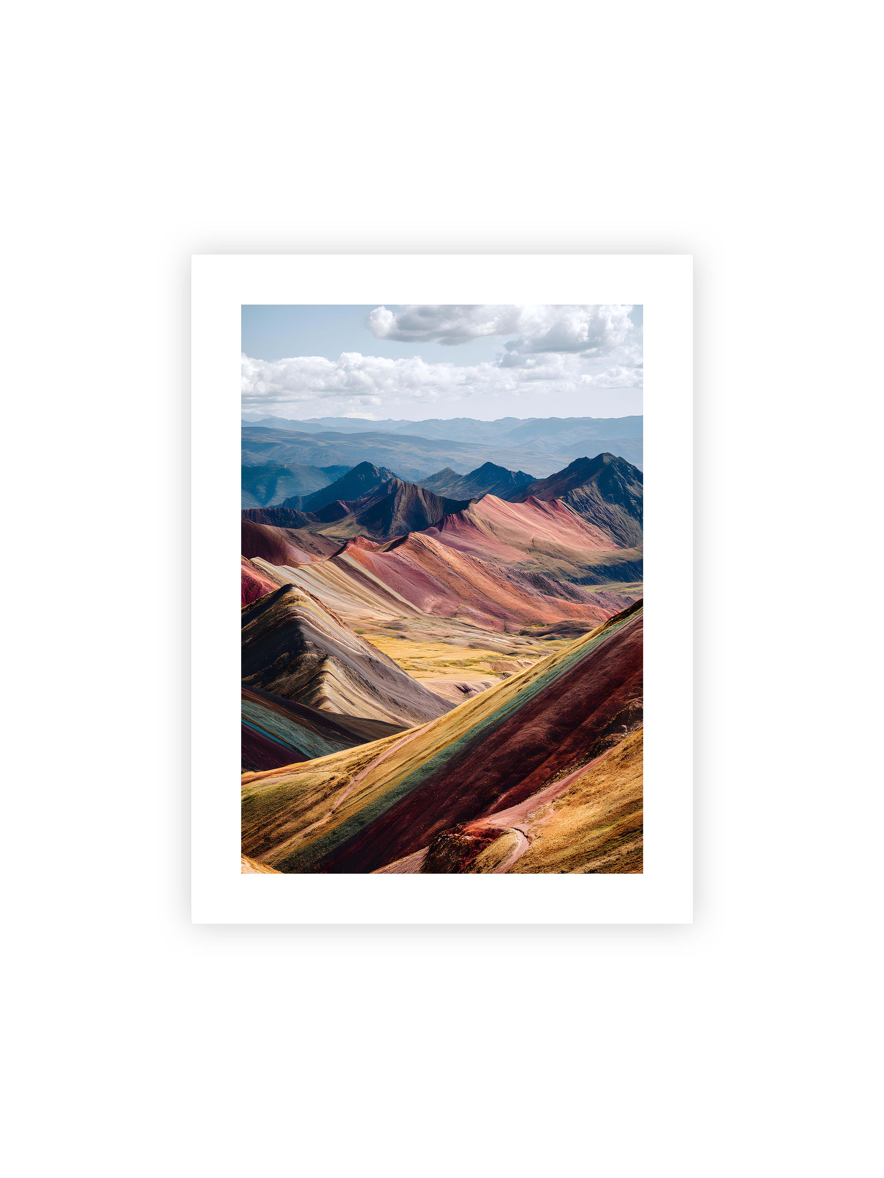 30x40 cm mit weißem Galerie-Rand ohne Rahmen – Berge in leuchtenden Farben und Schichten, die das Licht reflektieren und eine majestätische Szenerie schaffen.