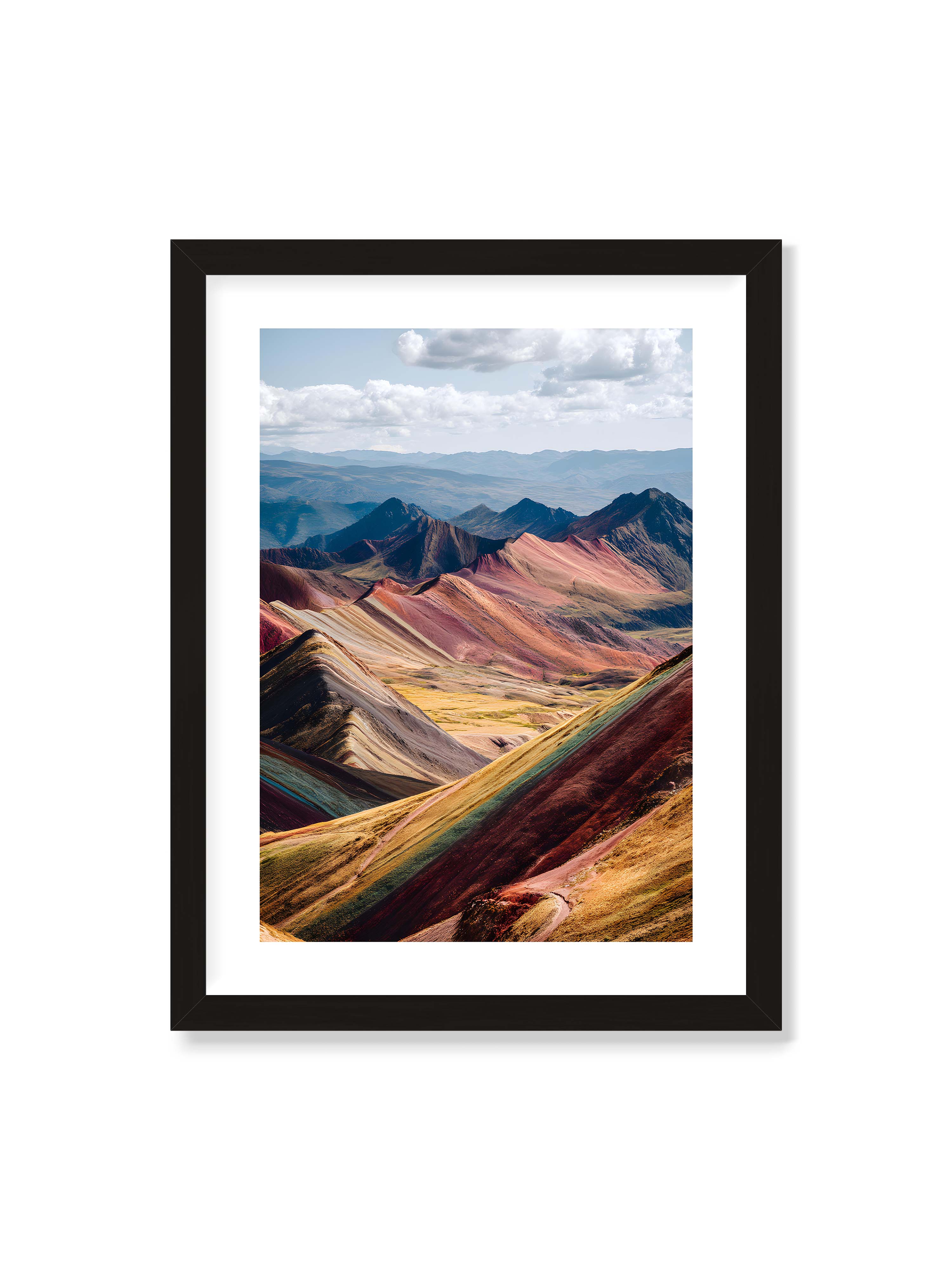 30x40 cm mit weißem Galerie-Rand mit schwarzem Rahmen – Berge in leuchtenden Farben und Schichten, die das Licht reflektieren und eine majestätische Szenerie schaffen.