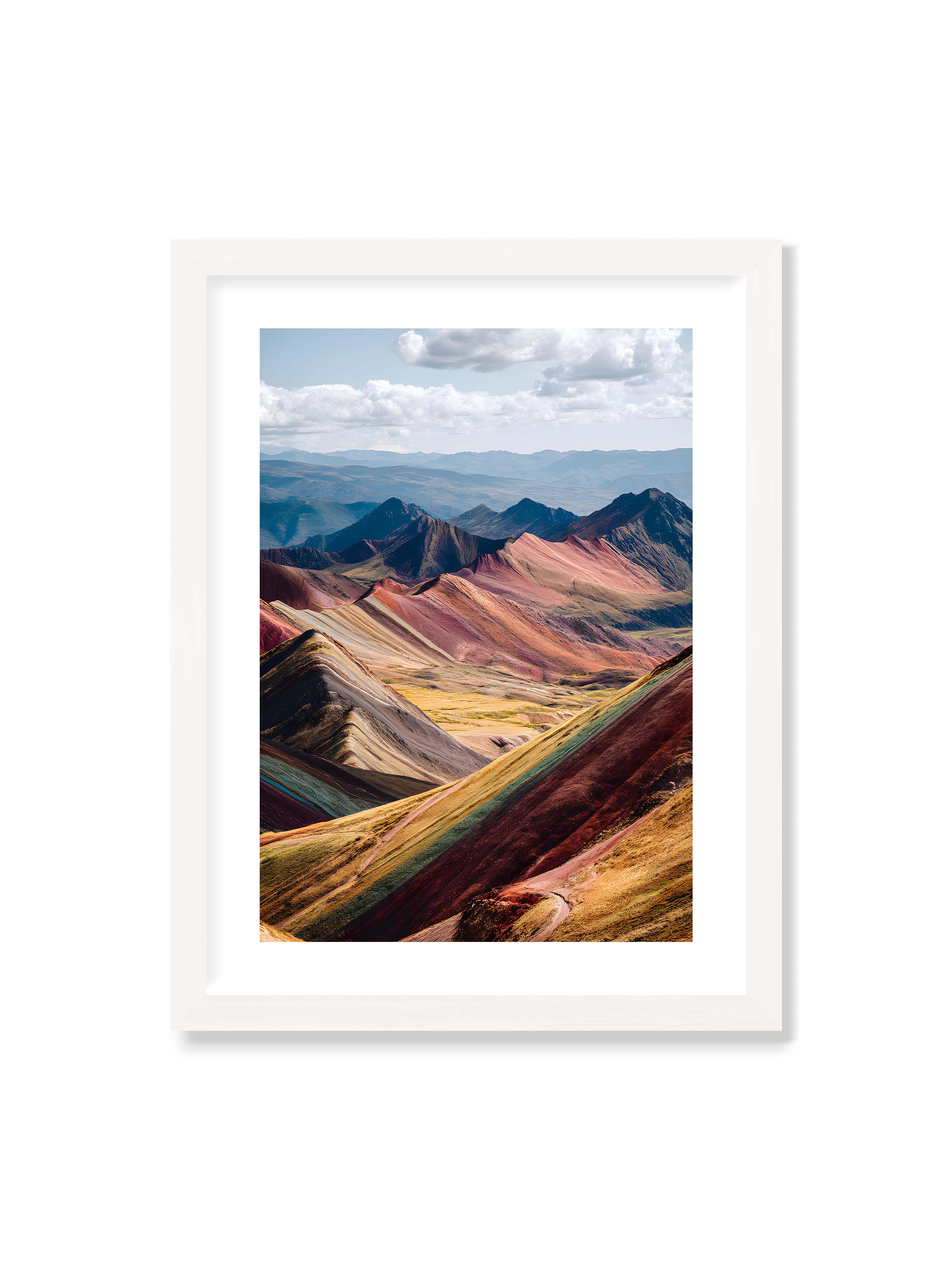 30x40 cm mit weißem Galerie-Rand mit weißem Rahmen – Berge in leuchtenden Farben und Schichten, die das Licht reflektieren und eine majestätische Szenerie schaffen.