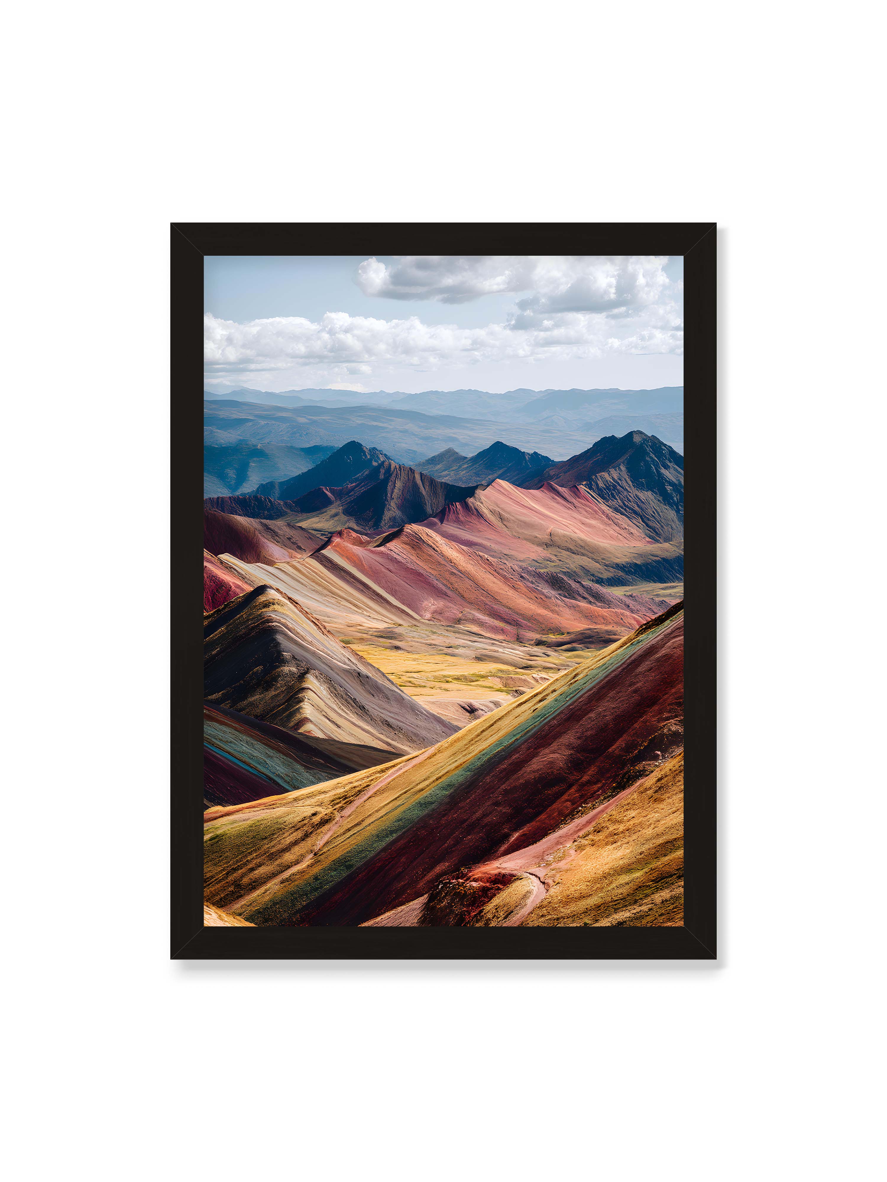 50x70 cm ohne Galerie-Rand mit schwarzem Rahmen – Berge in leuchtenden Farben und Schichten, die das Licht reflektieren und eine majestätische Szenerie schaffen.