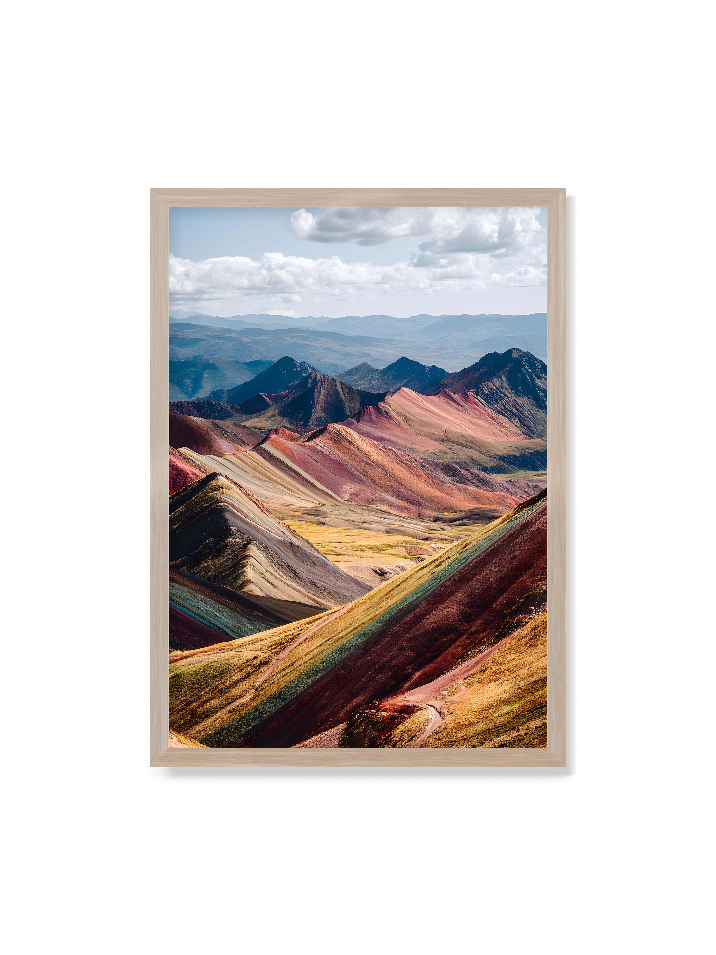 70x100 cm ohne Galerie-Rand im Eichenrahmen – Berge in leuchtenden Farben und Schichten, die das Licht reflektieren und eine majestätische Szenerie schaffen.