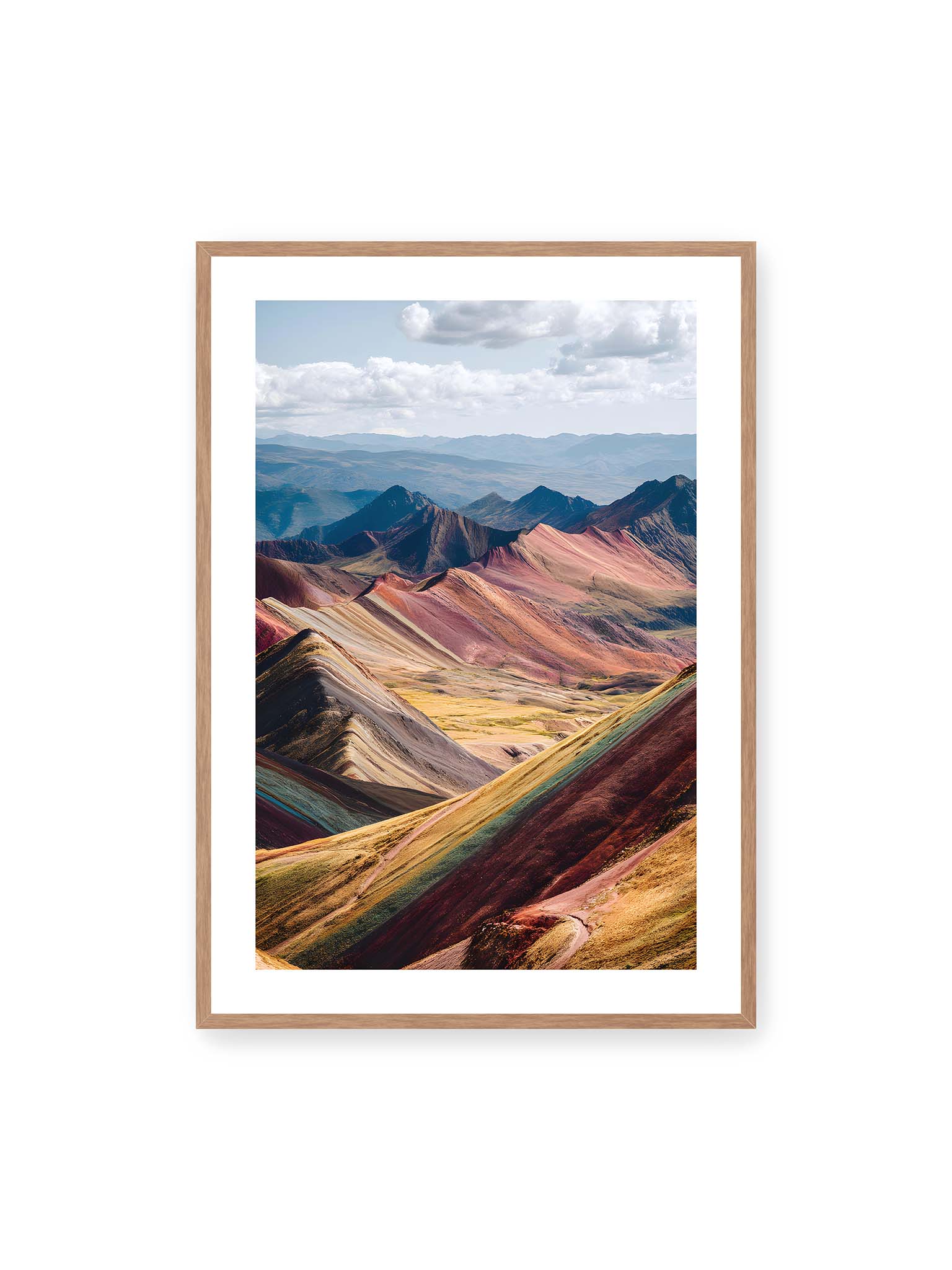 70x100 cm, weißer Galerie-Rand, Eichenrahmen – Berglandschaft in Peru in leuchtenden Farben und Schichten, die das Licht reflektieren und eine majestätische Szenerie schaffen.