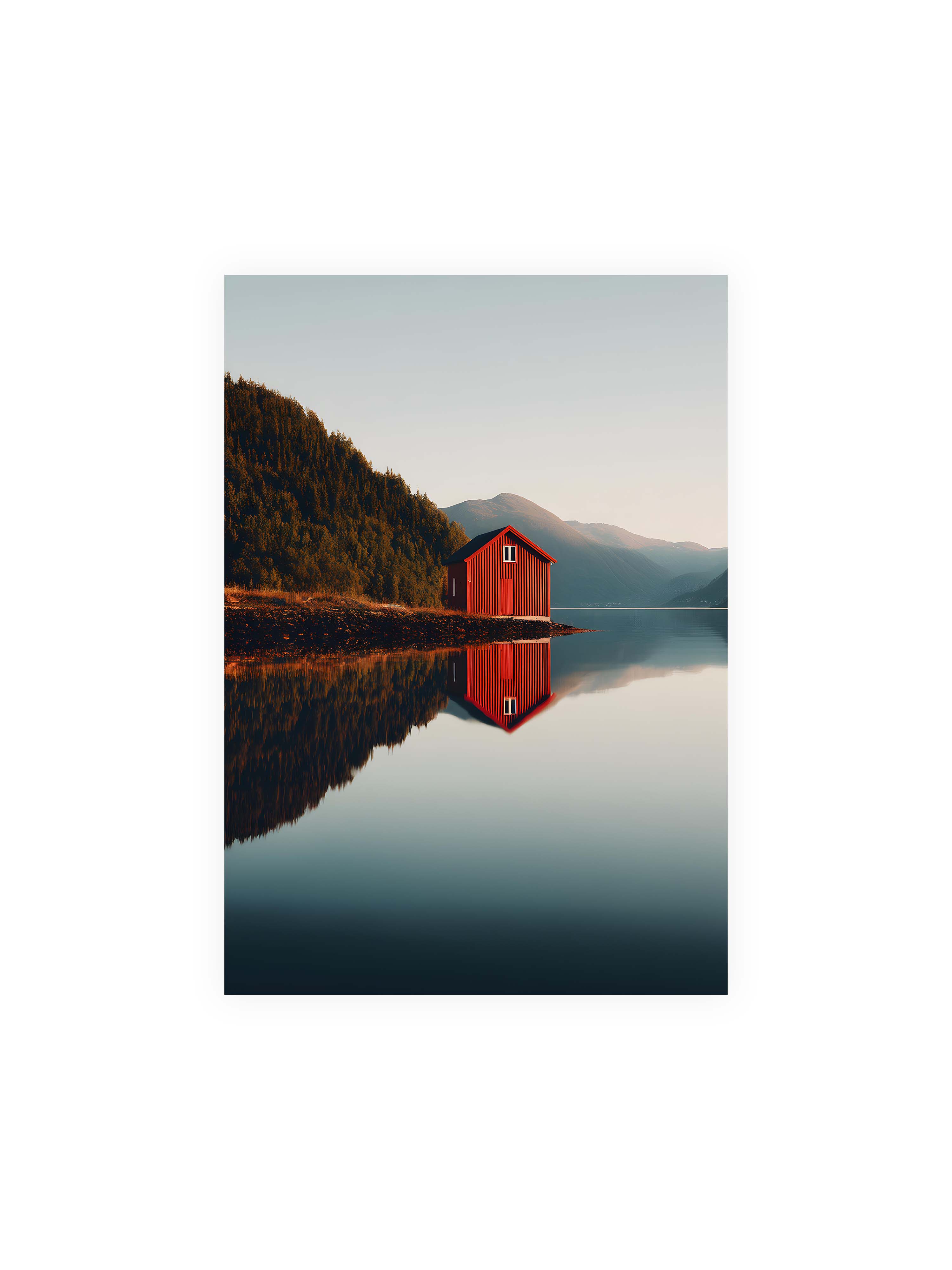 70x100 cm ohne Galerie-Rand ohne Rahmen – Rotes Haus am Ufer eines Fjords, mit den Bergen und dem Himmel, die sich im Wasser spiegeln.