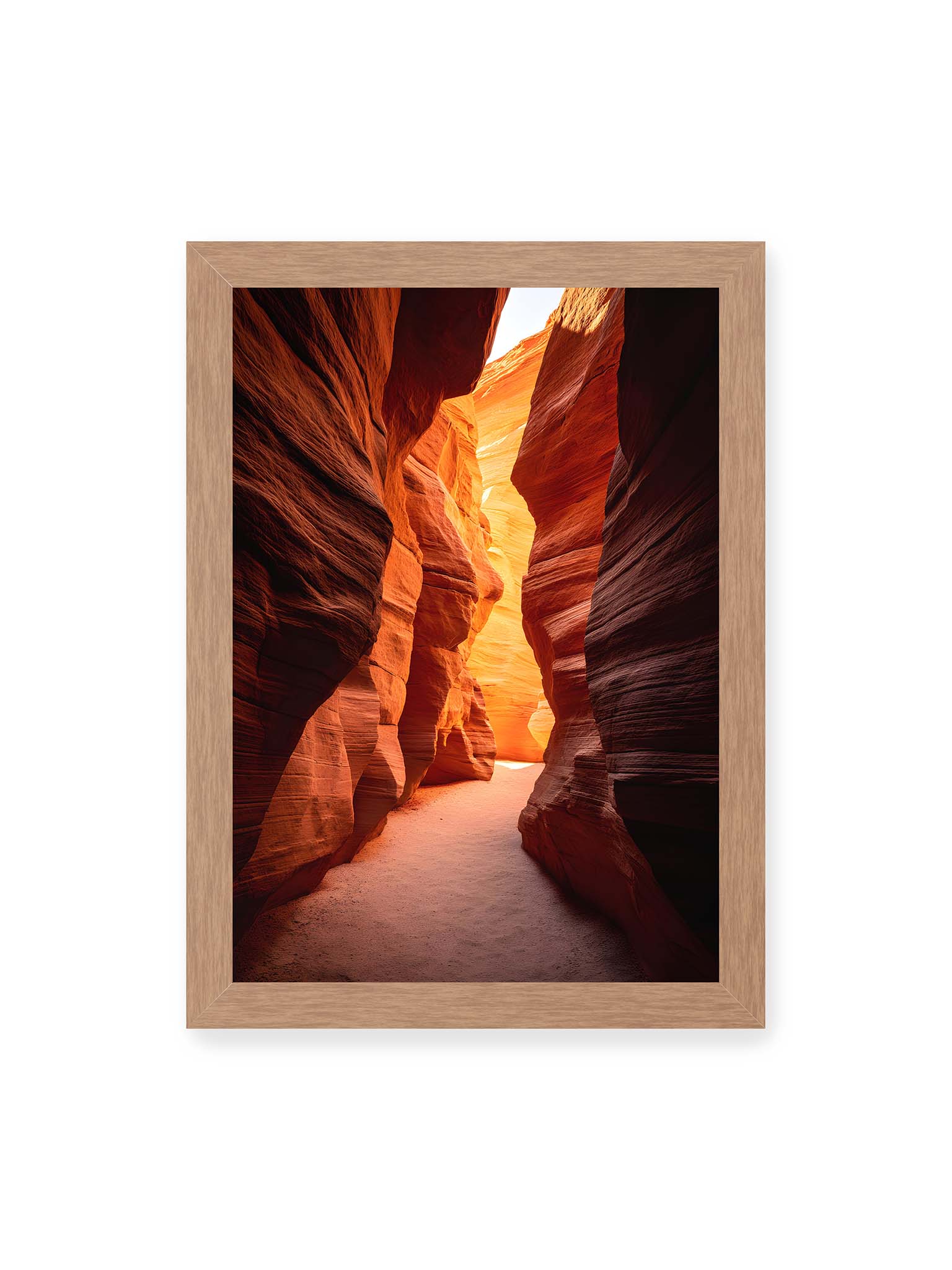 21x30 cm, Eichenrahmen – Antelope Canyon Arizona mit goldenen Lichtreflexionen auf orangeroten Sandsteinfelsen.
