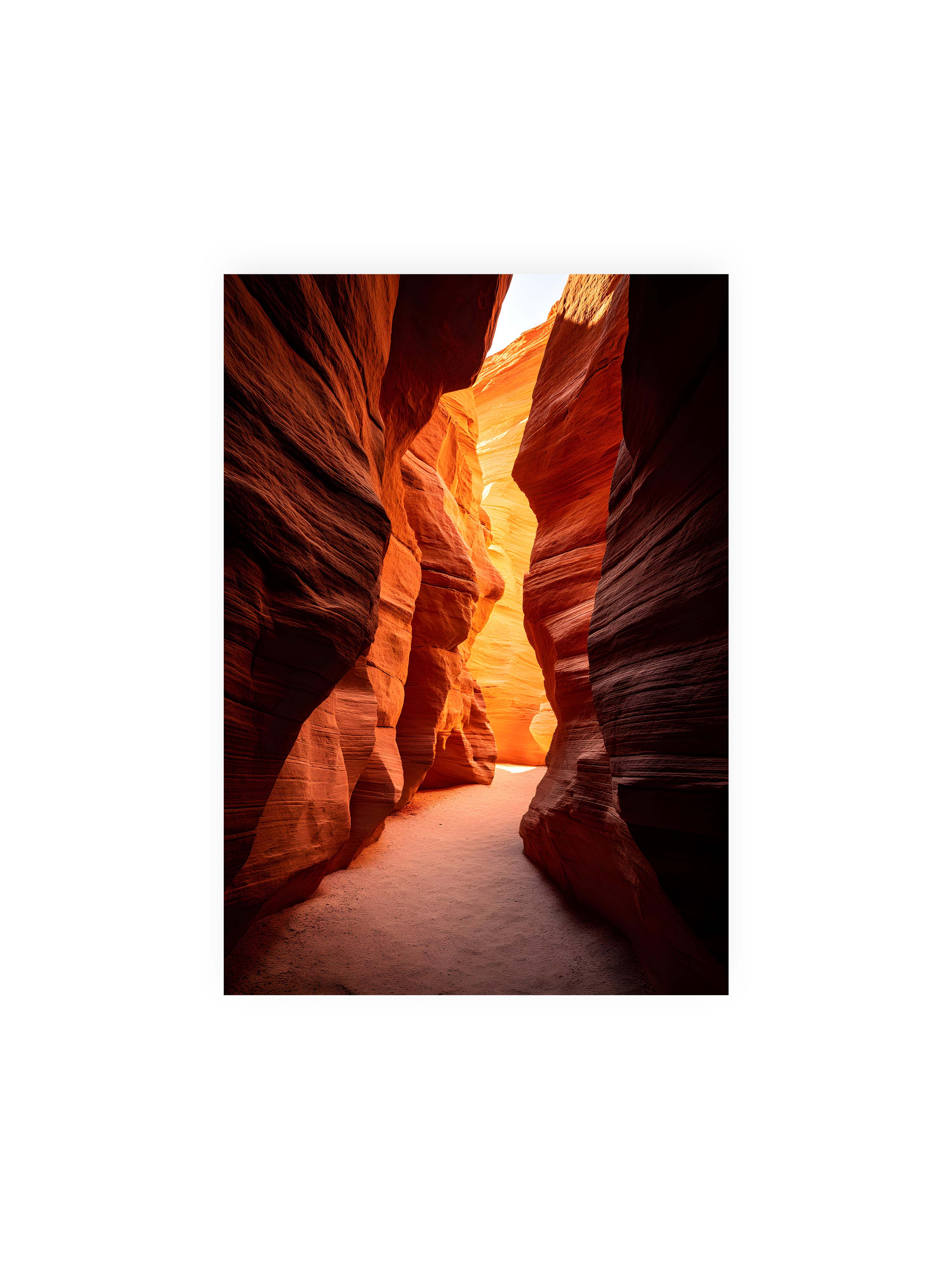 21x30 cm ohne Galerie-Rand ohne Rahmen – Goldenes Licht, das durch einen Canyon strömt und die roten Felsen in sanften Tönen erleuchtet.