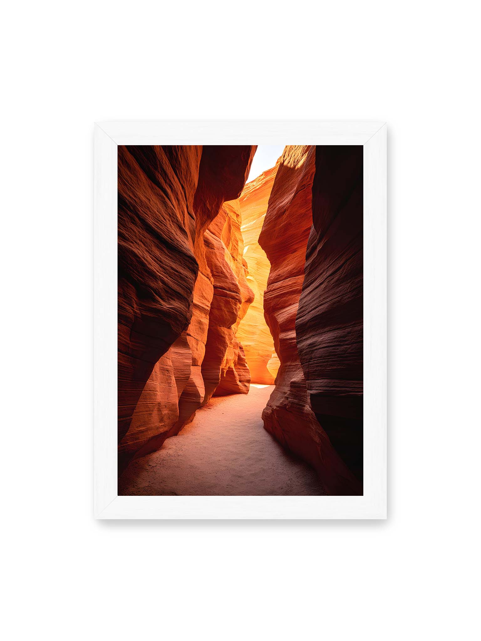 21x30 cm, weißer Rahmen – Antelope Canyon Arizona mit goldenen Lichtreflexionen auf orangeroten Sandsteinfelsen.