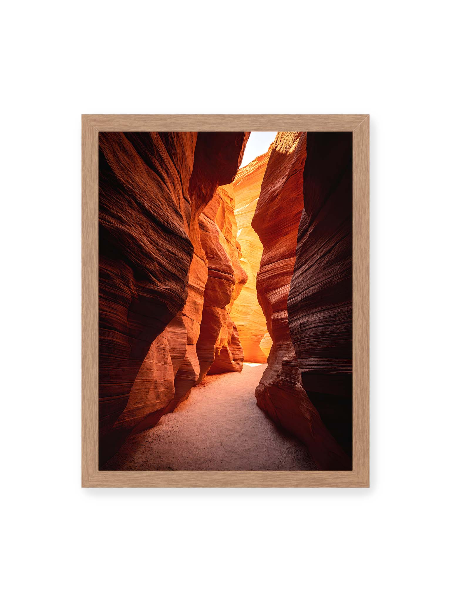 30x40 cm, Eichenrahmen – Antelope Canyon Arizona mit goldenen Lichtreflexionen auf orangeroten Sandsteinfelsen.