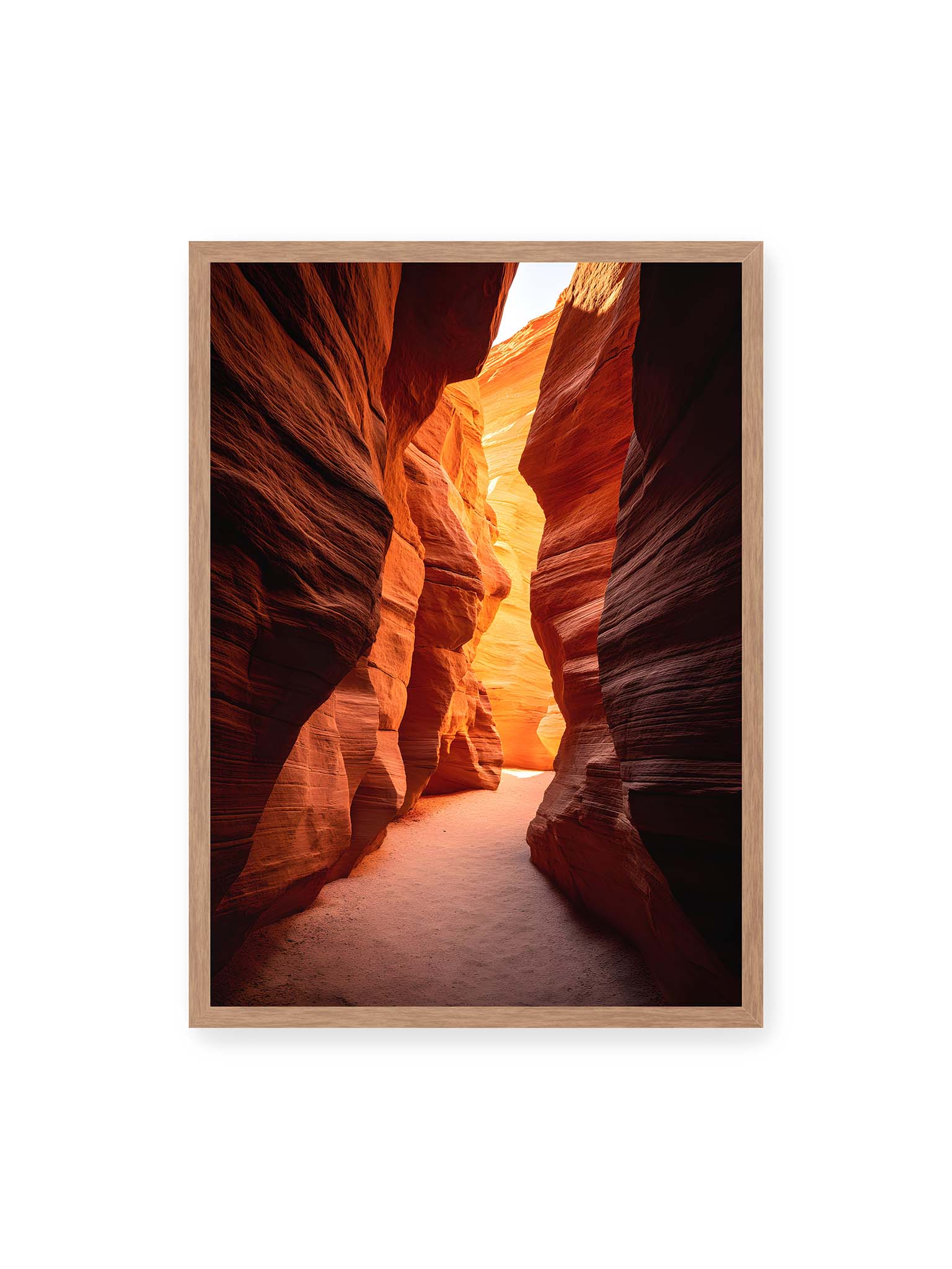 50x70 cm, Eichenrahmen – Antelope Canyon Arizona mit goldenen Lichtreflexionen auf orangeroten Sandsteinfelsen.